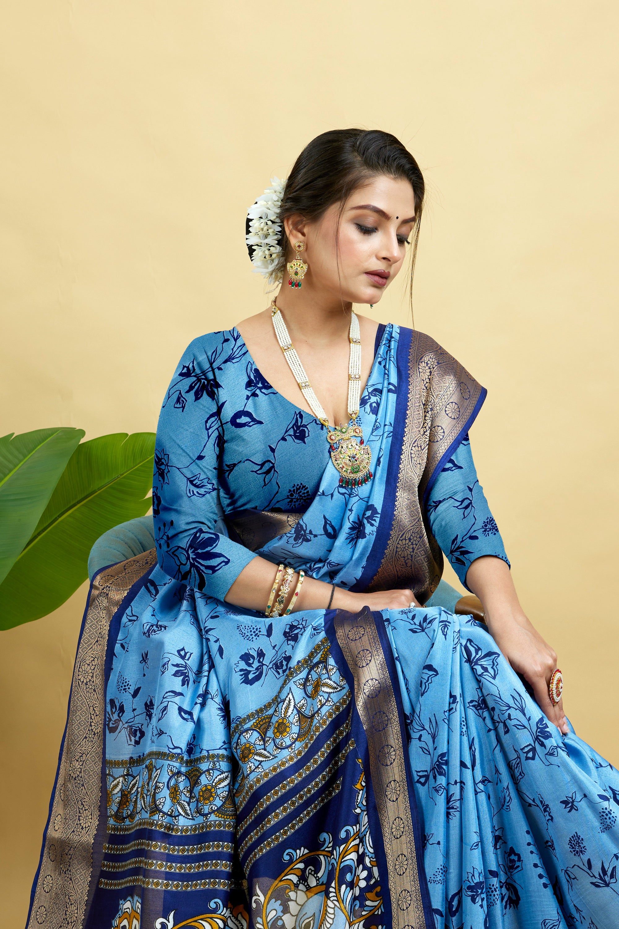 Royal Blue Soft Dola Cotton Printed Saree