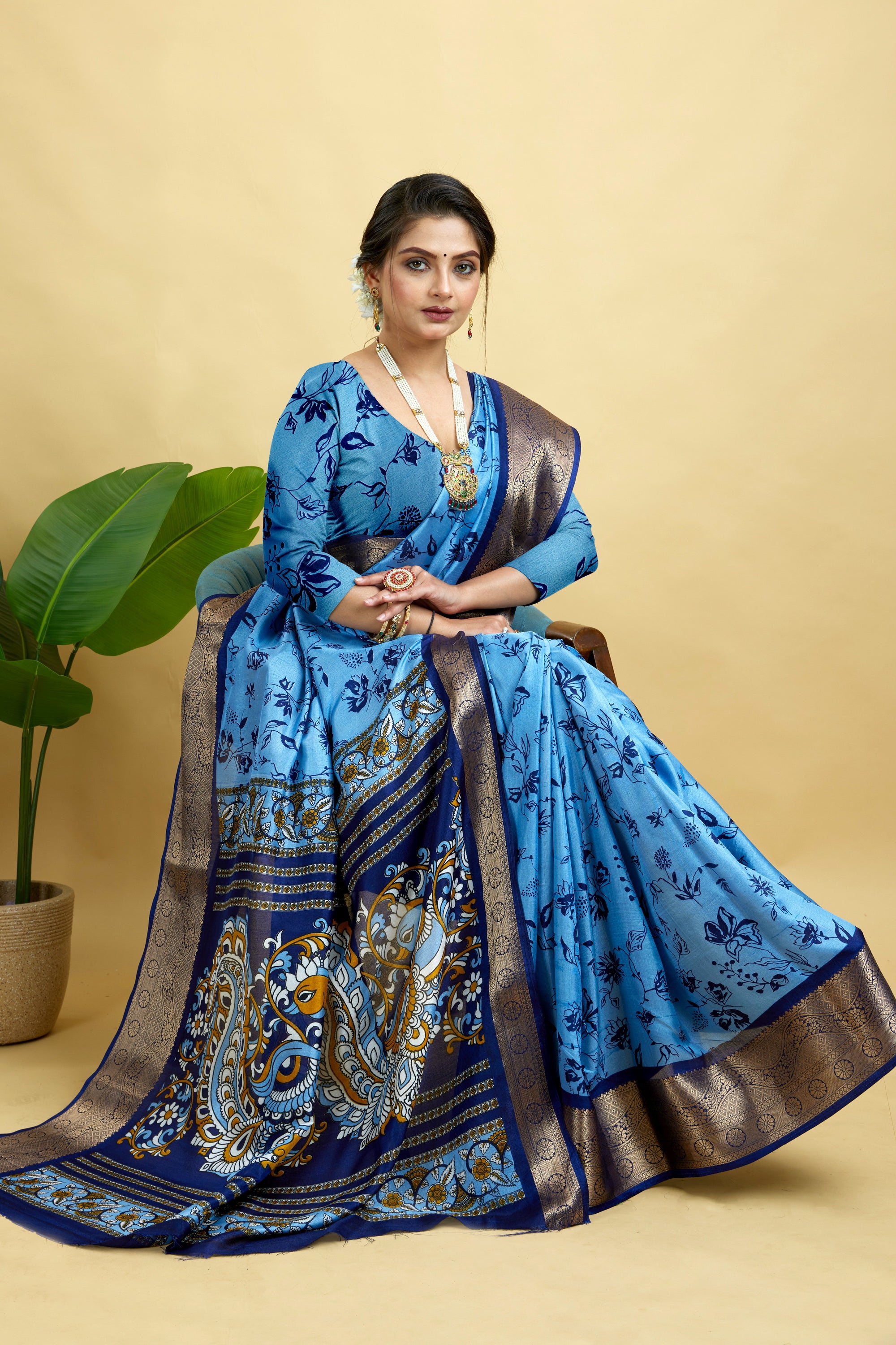 Royal Blue Soft Dola Cotton Printed Saree