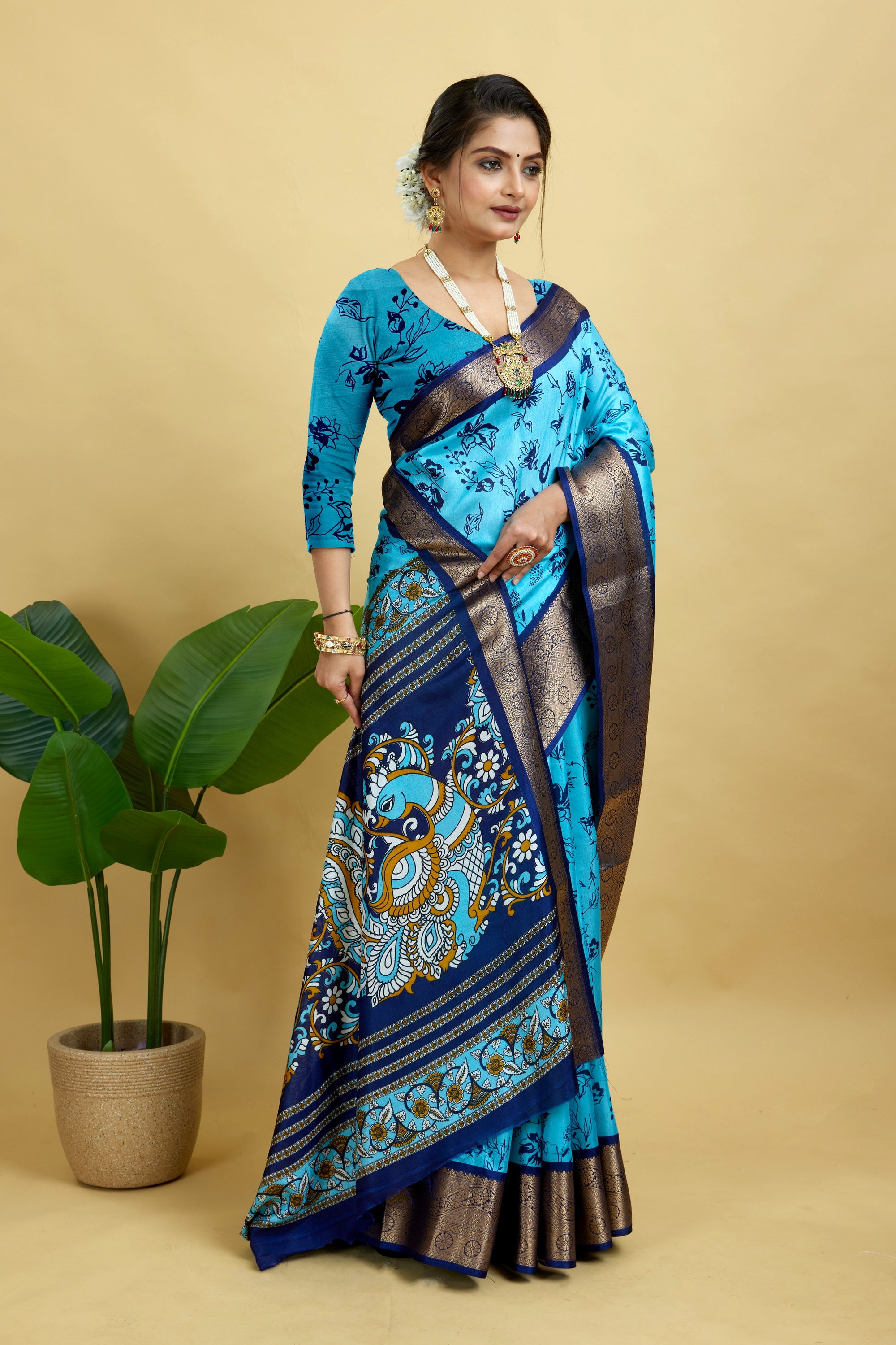 Blue Soft Dola Cotton Printed Saree