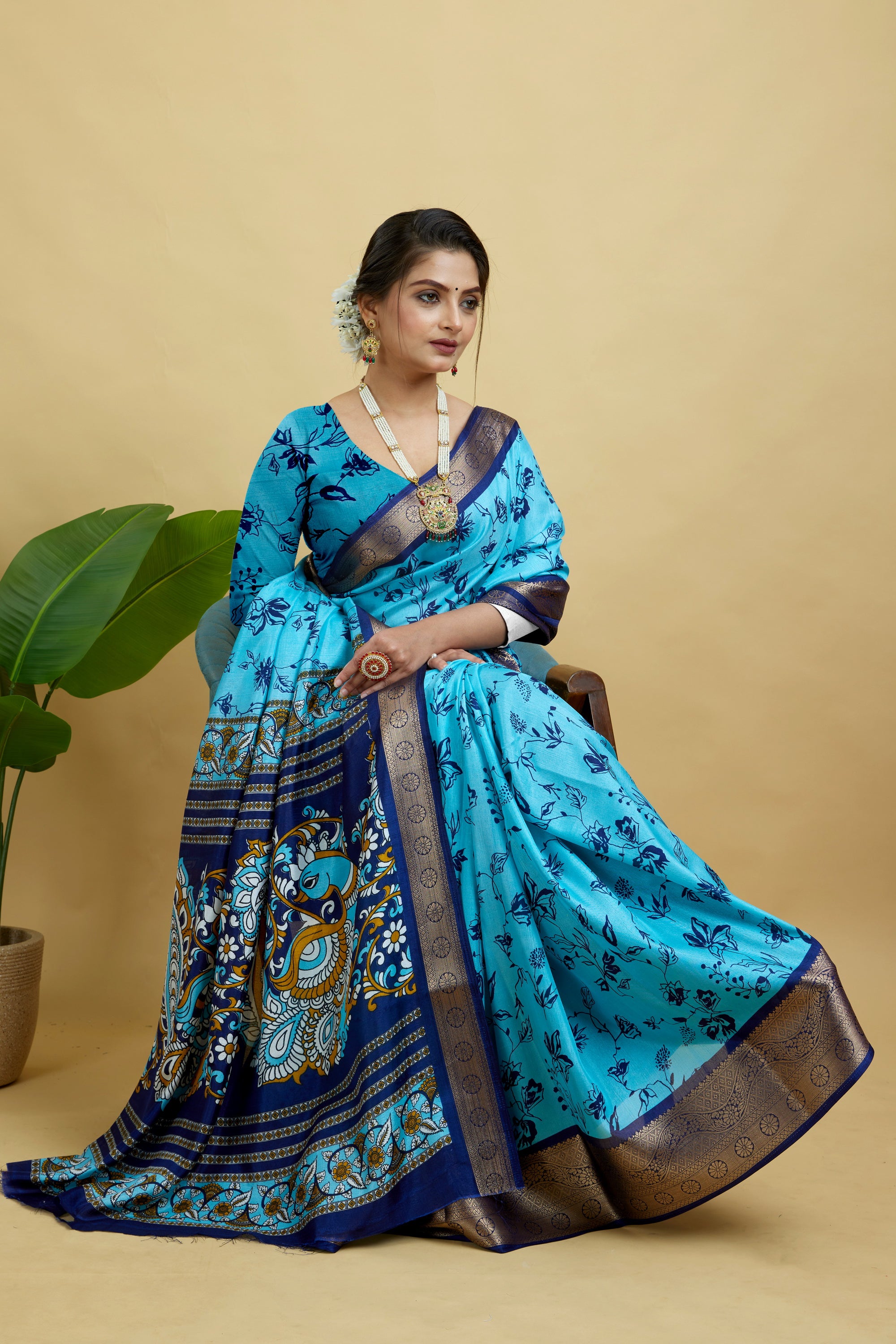 Blue Soft Dola Cotton Printed Saree