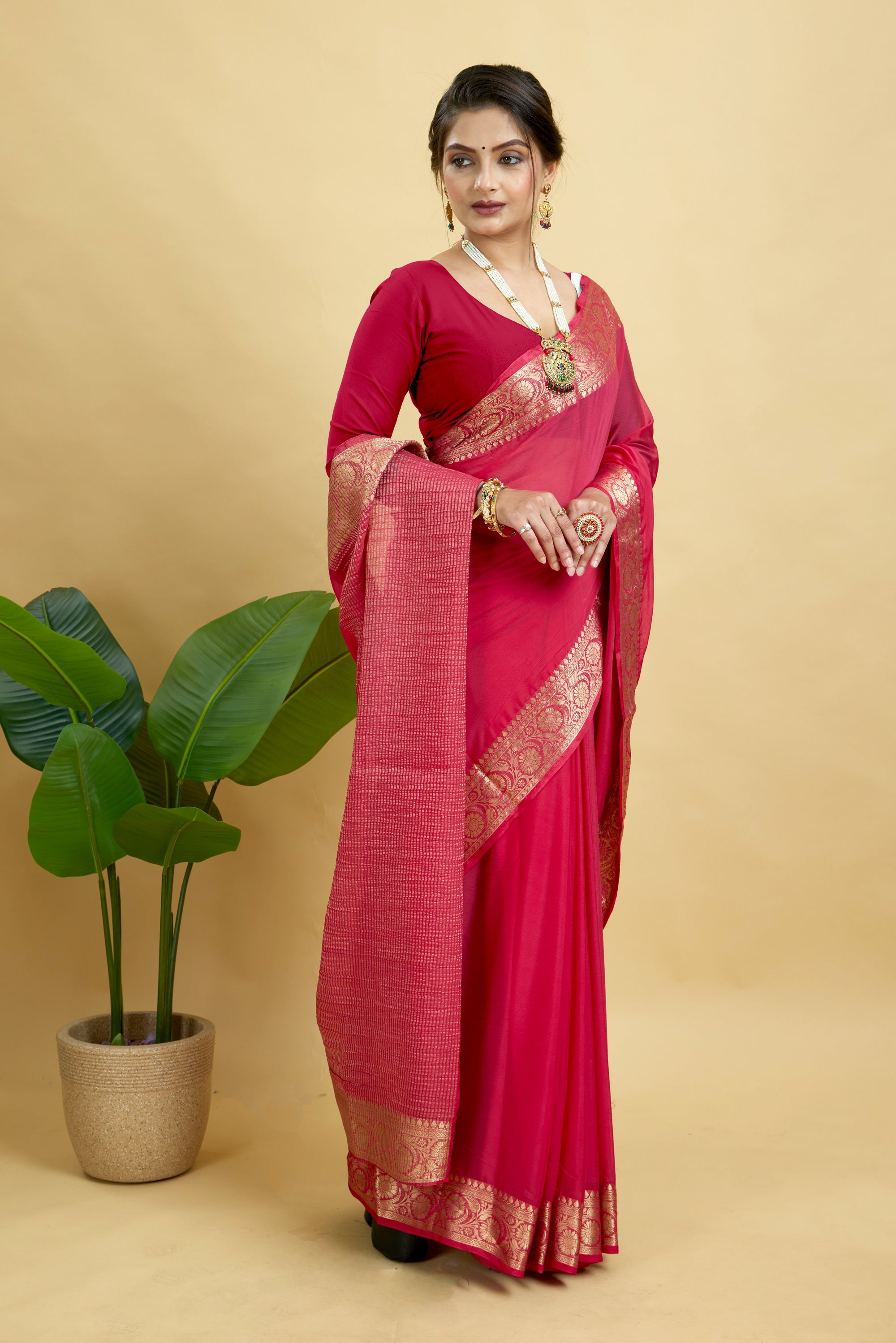 Red Woven Chinnon Silk Saree