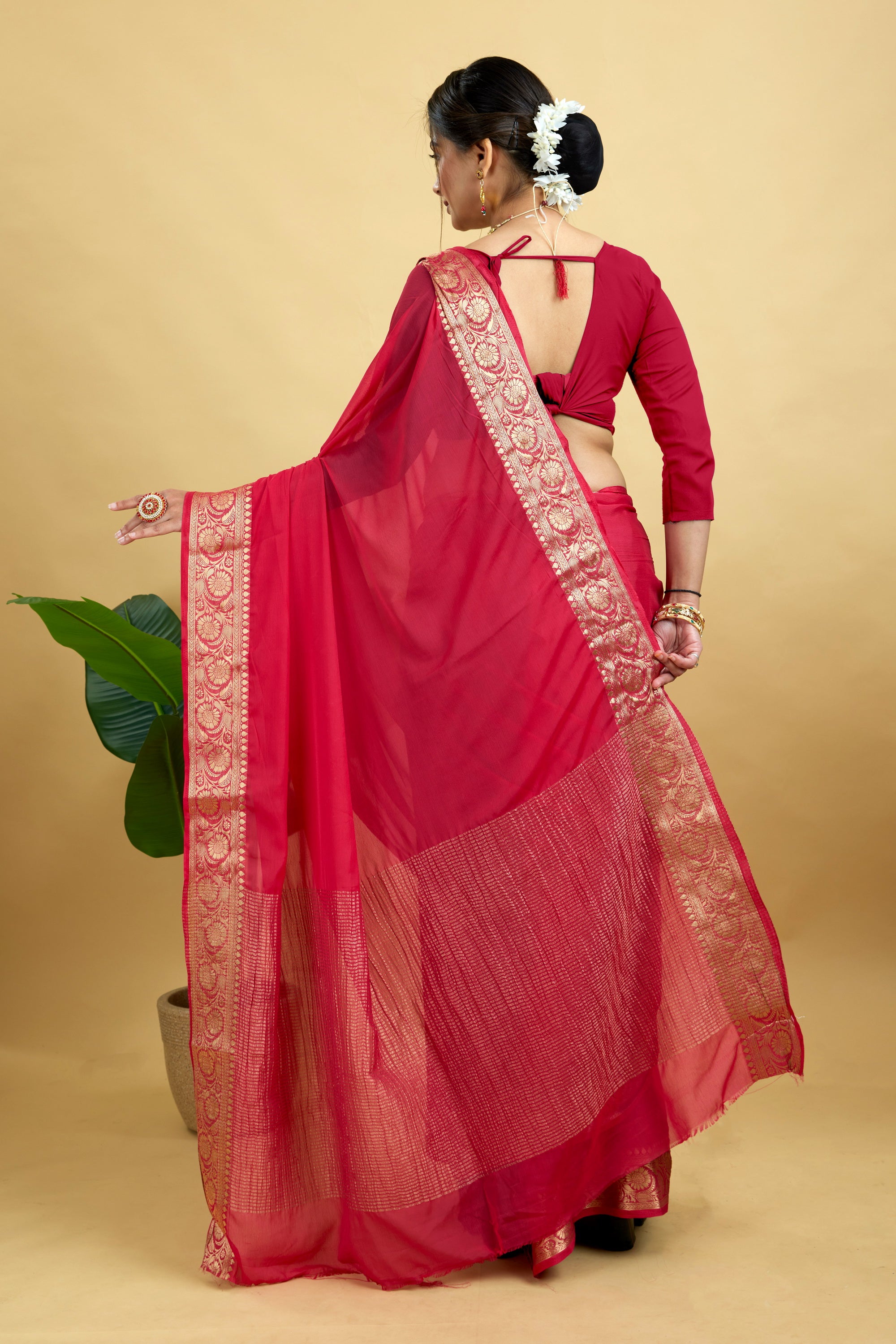 Red Woven Chinnon Silk Saree