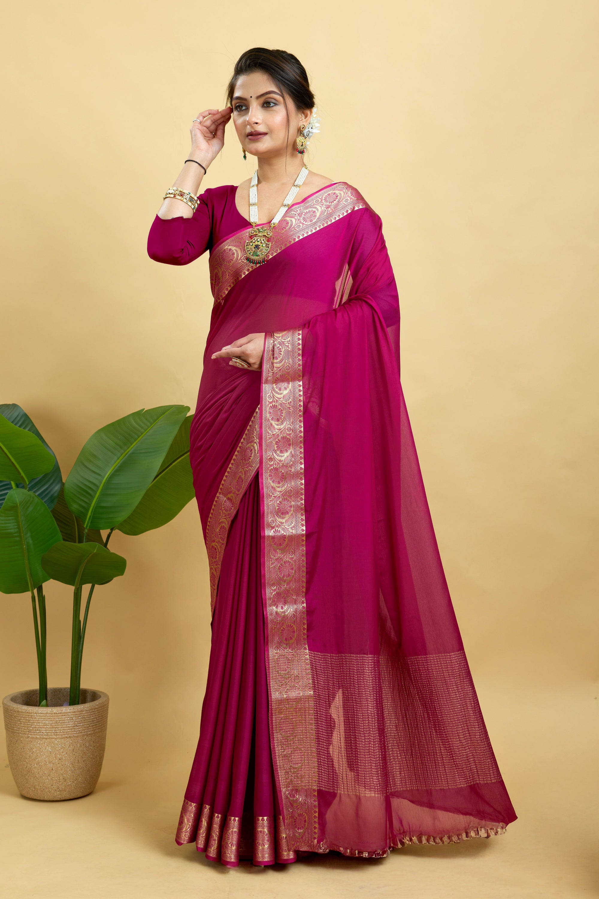 Wine Woven Chinnon Silk Saree