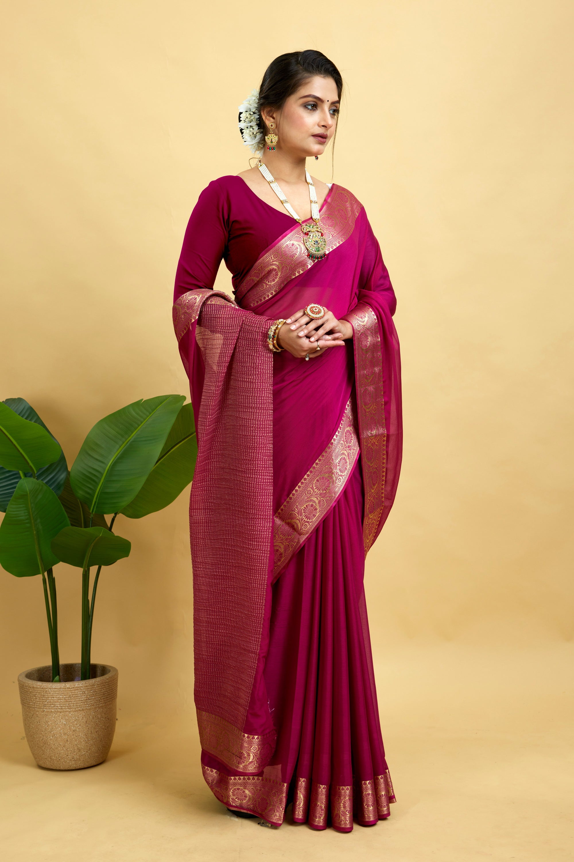 Wine Woven Chinnon Silk Saree