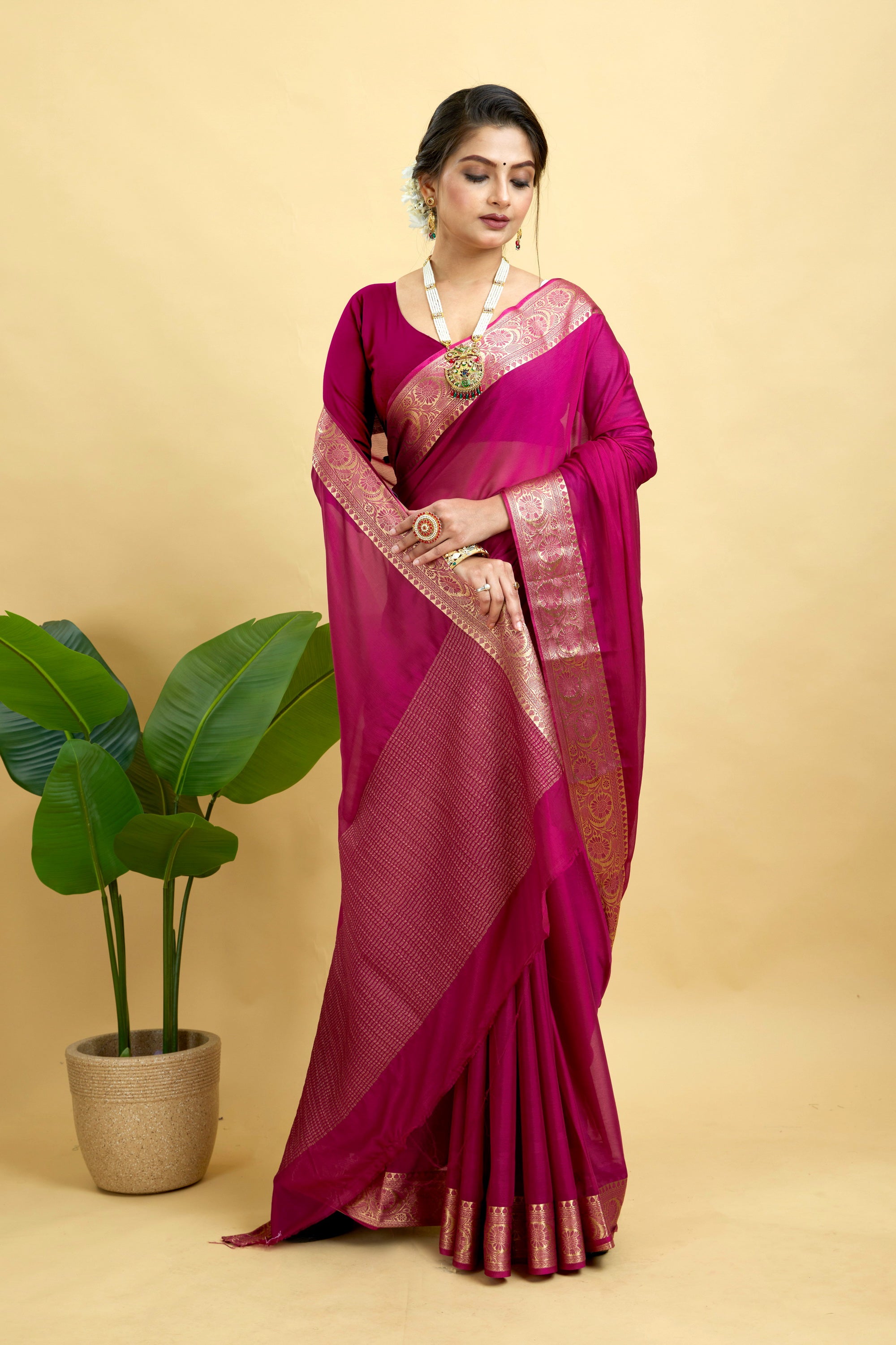Wine Woven Chinnon Silk Saree