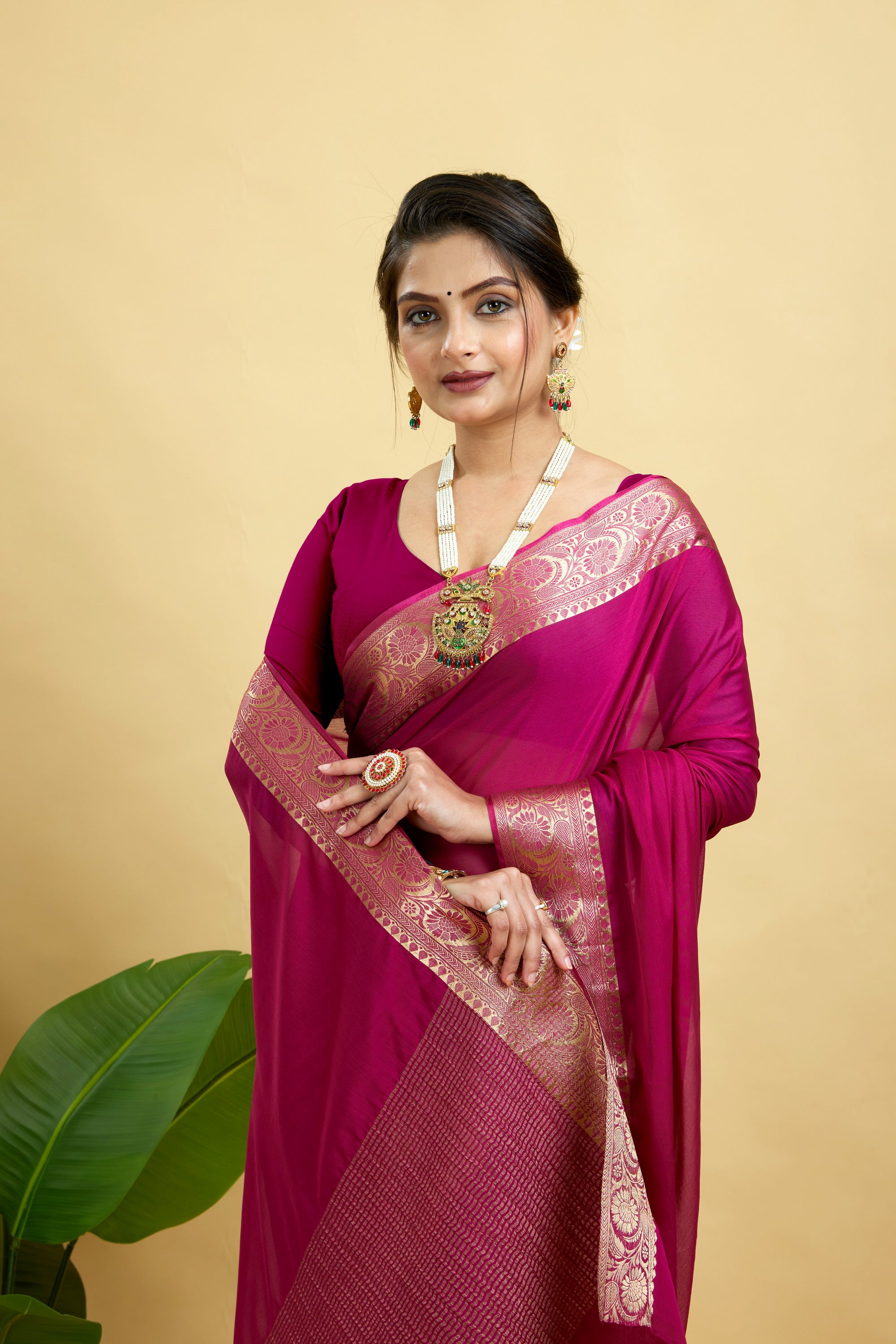 Wine Woven Chinnon Silk Saree