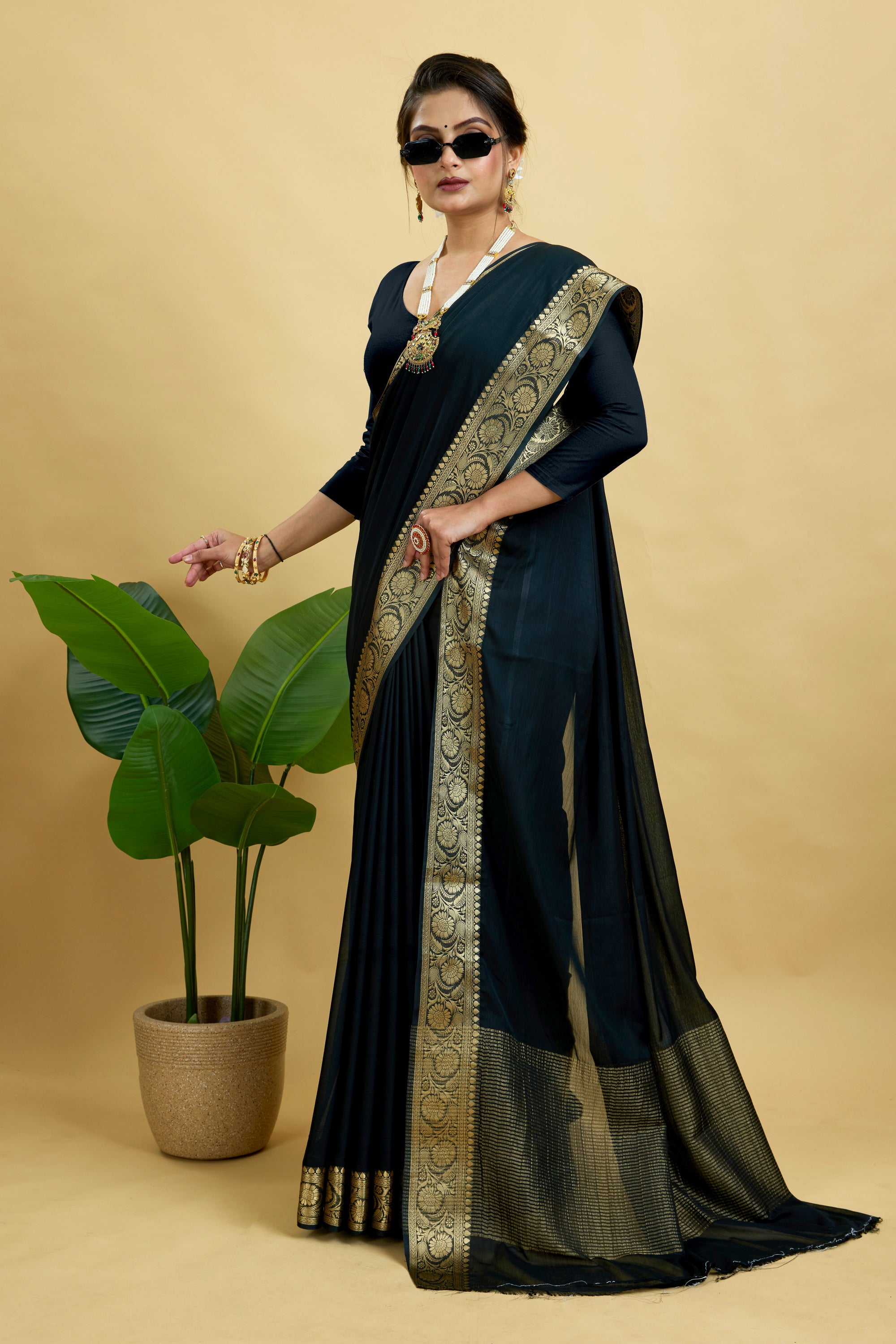 Black Woven Chinnon Silk Saree