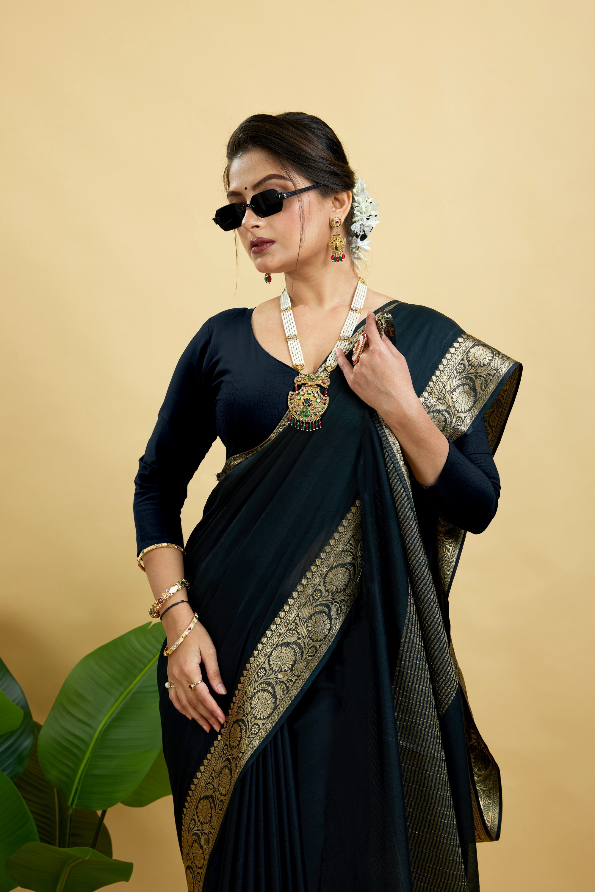 Black Woven Chinnon Silk Saree
