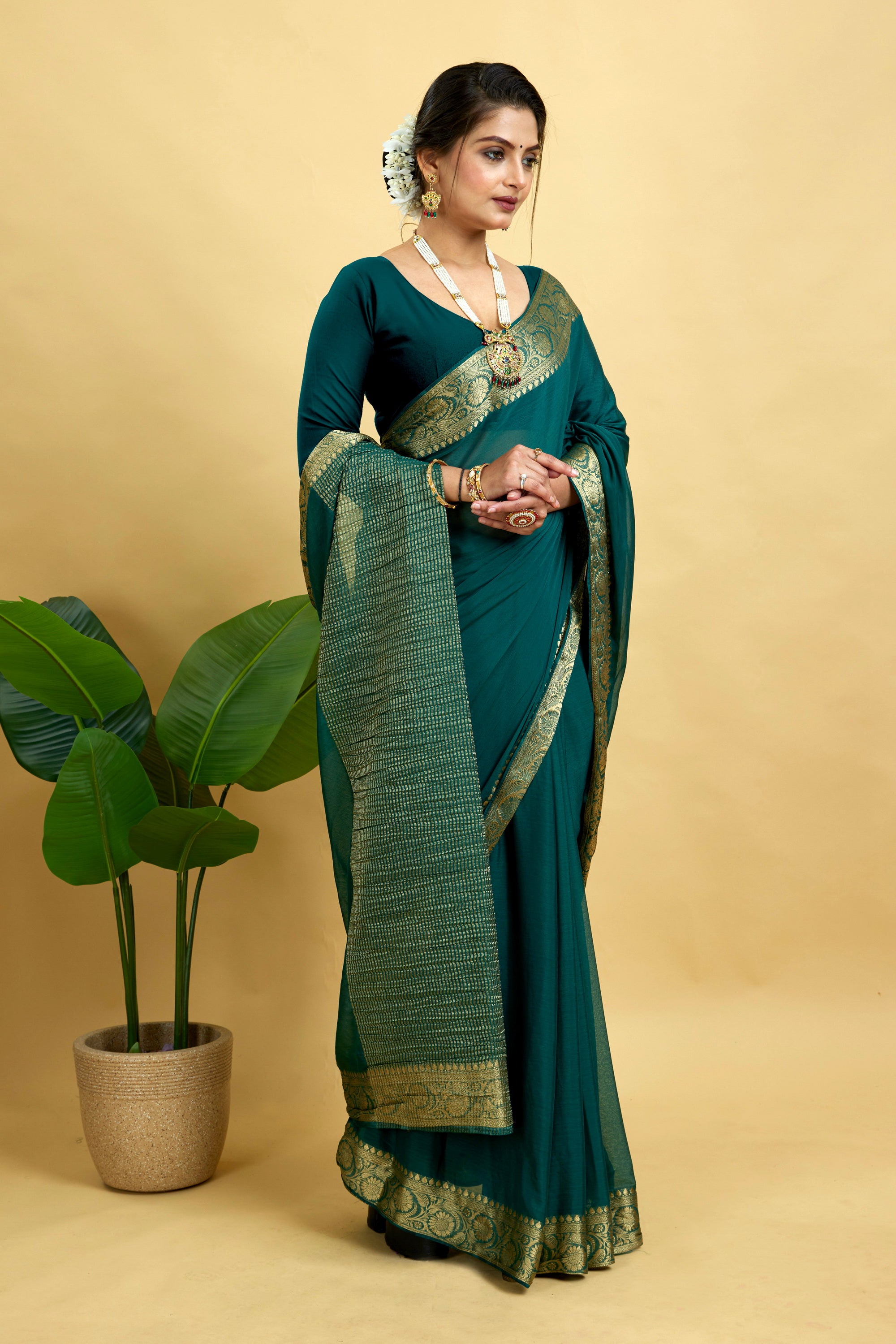 Green Woven Chinnon Silk Saree