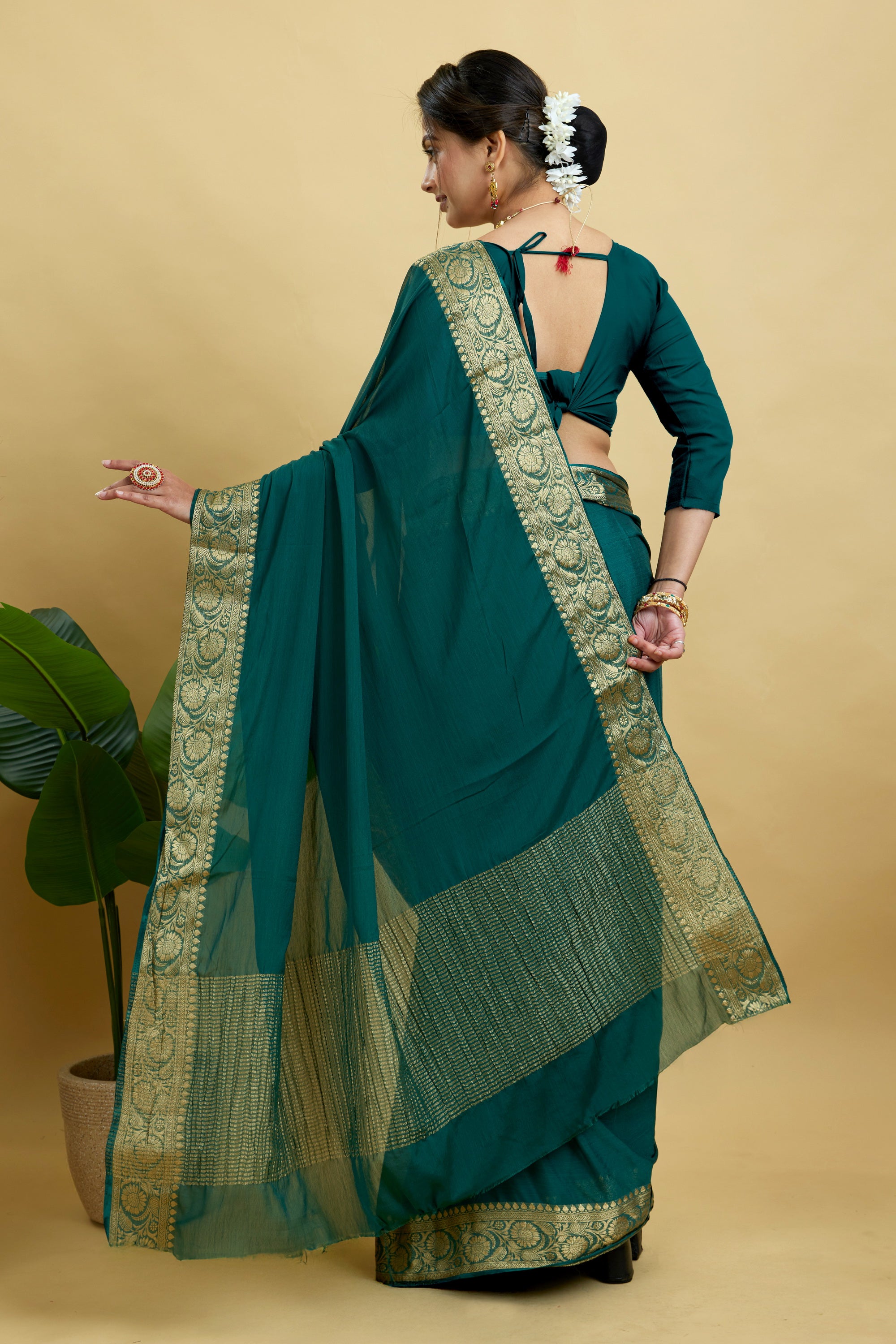 Green Woven Chinnon Silk Saree