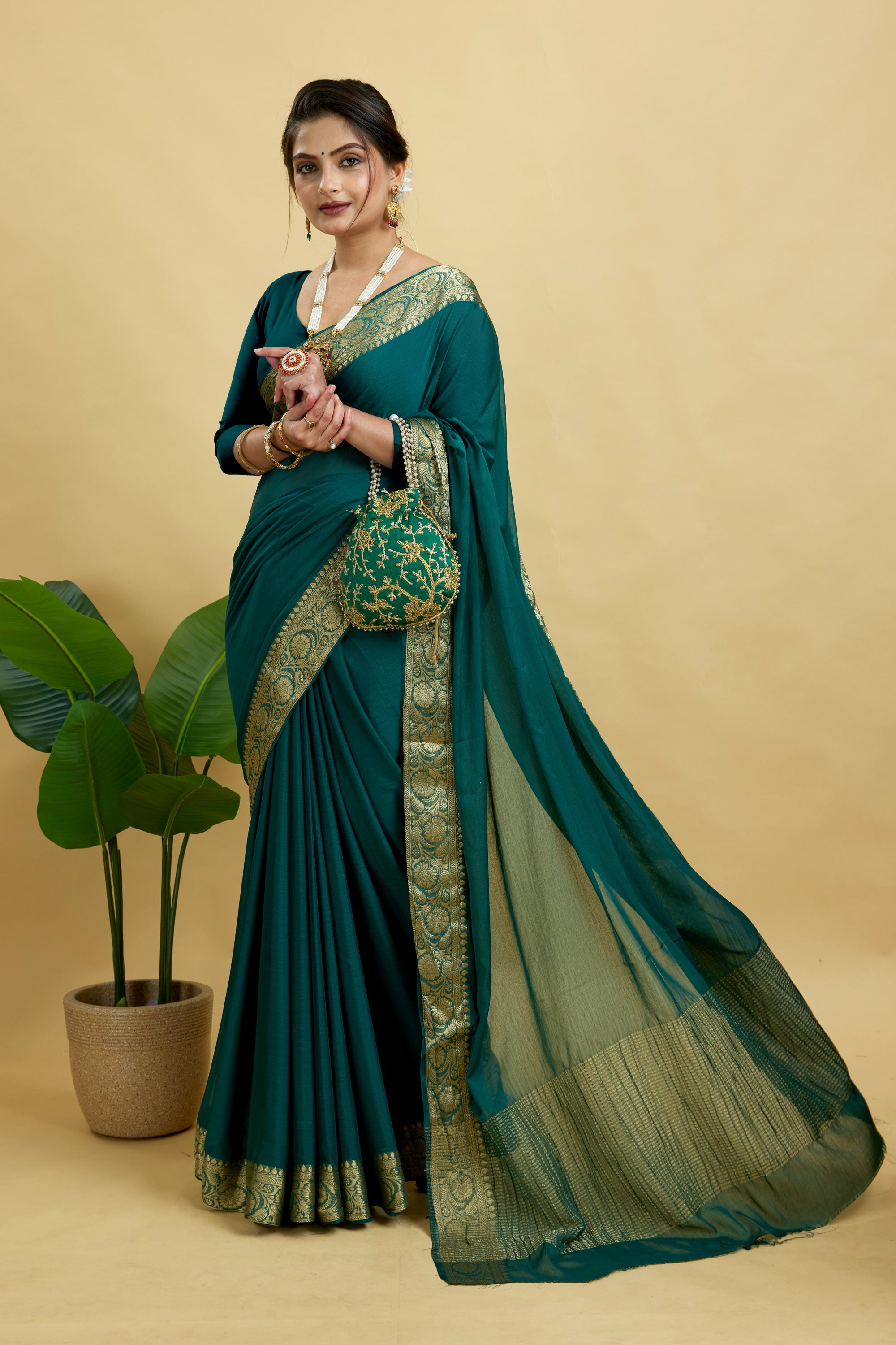 Green Woven Chinnon Silk Saree