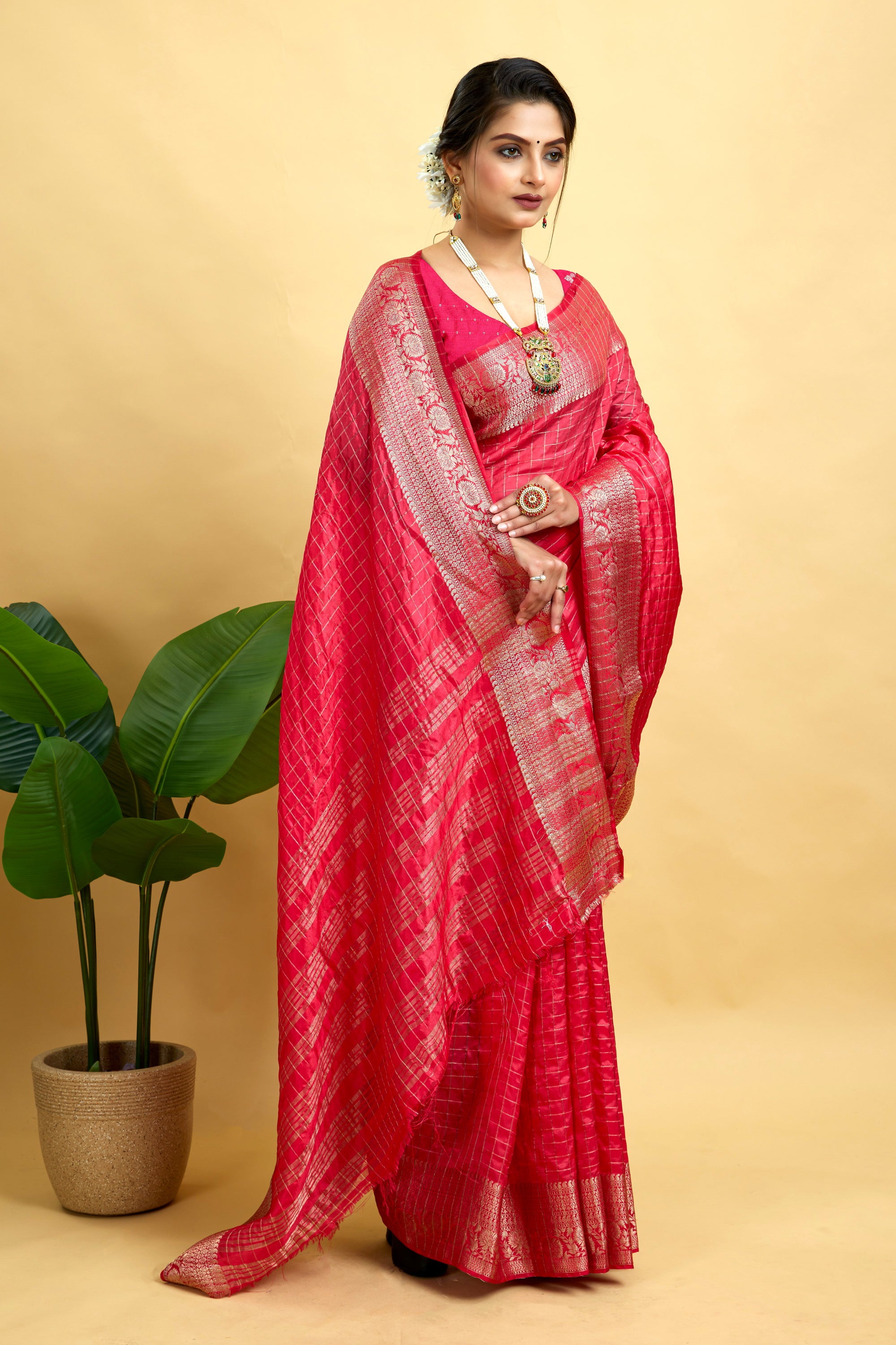 Dark Pink Woven Jacquard Cotton Silk Saree