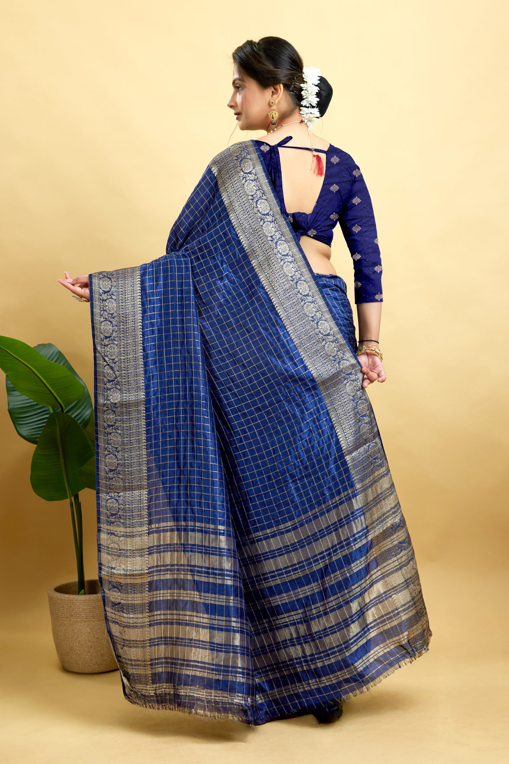 Navy Woven Jacquard Cotton Silk Saree