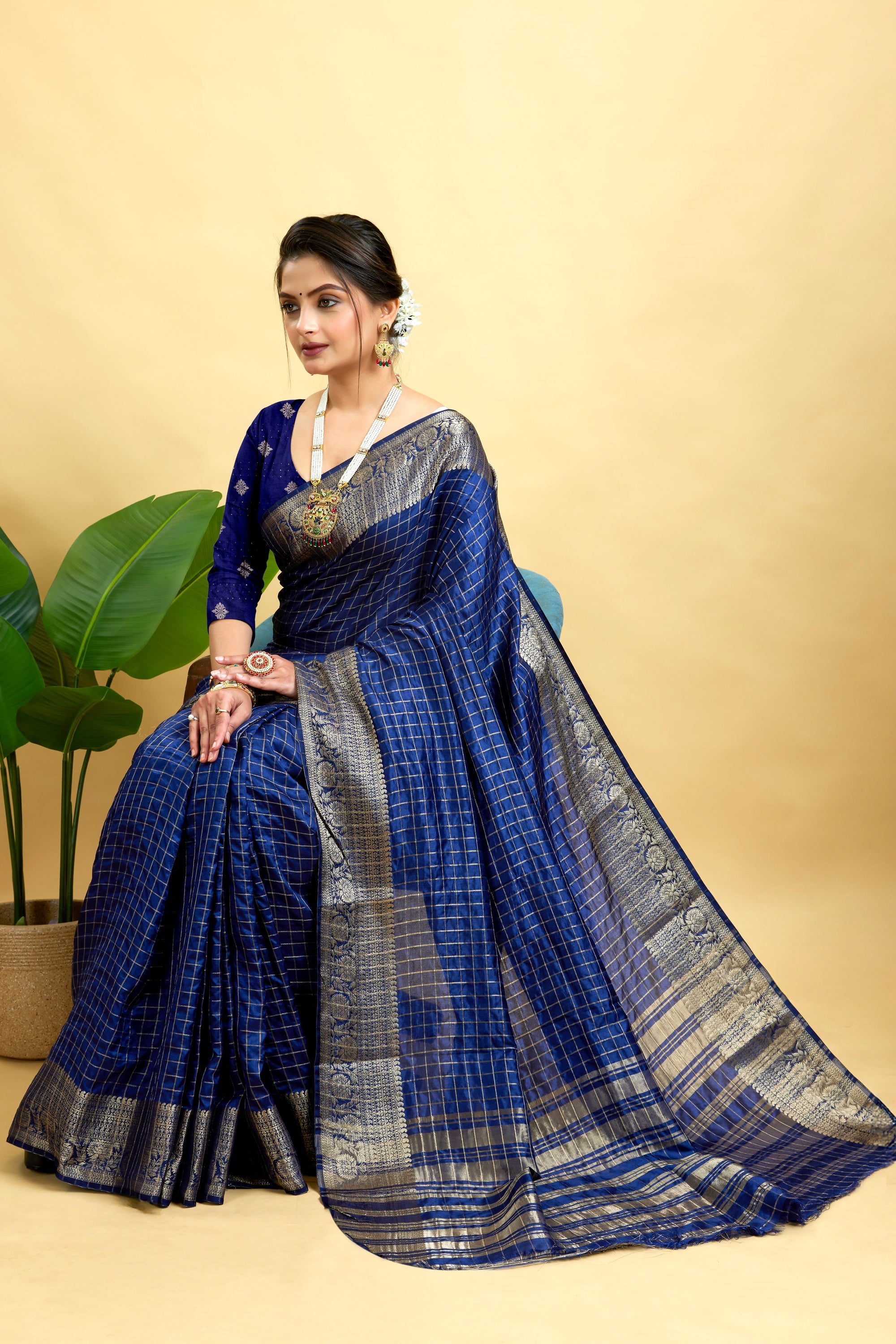 Navy Woven Jacquard Cotton Silk Saree