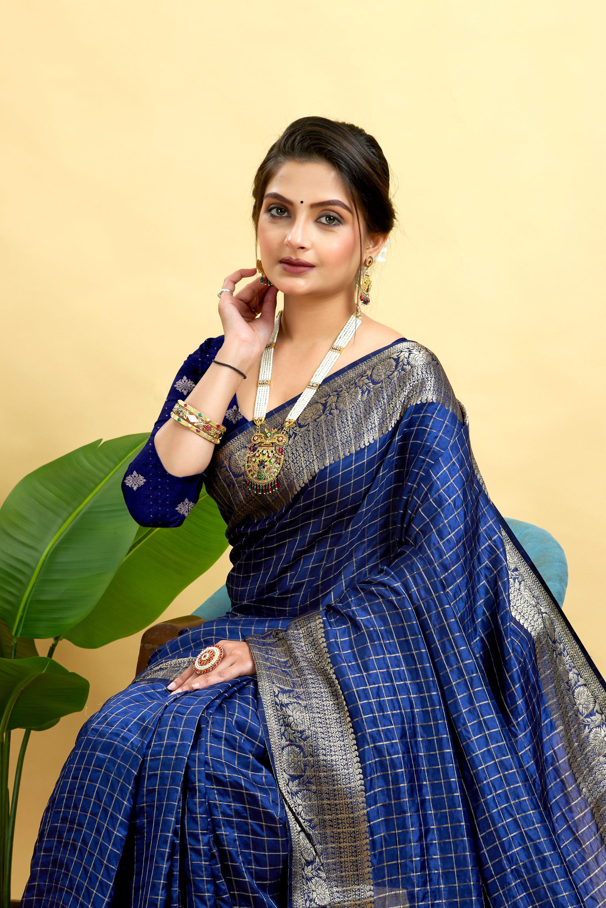 Navy Woven Jacquard Cotton Silk Saree