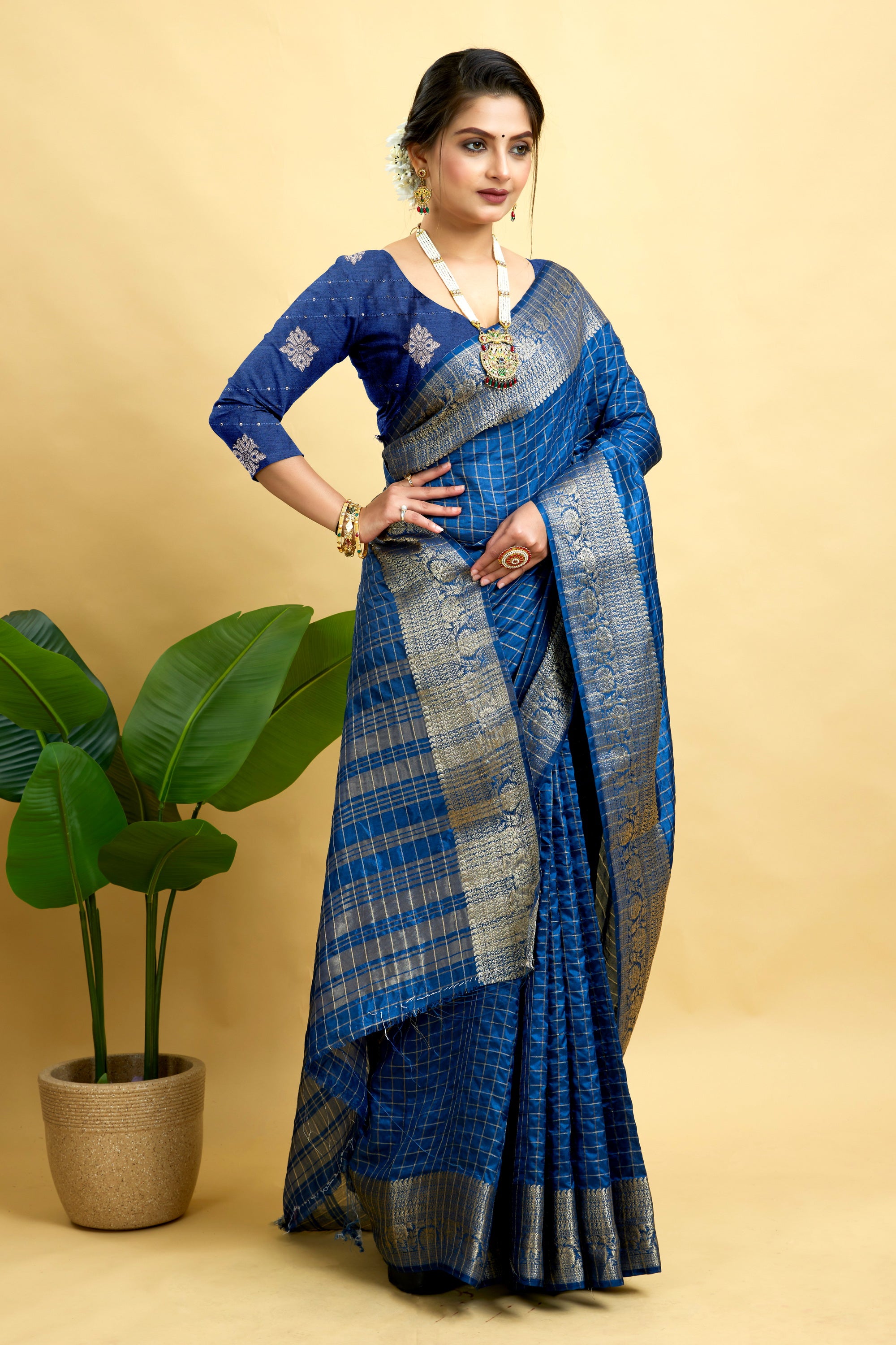 Royal Blue Woven Jacquard Cotton Silk Saree
