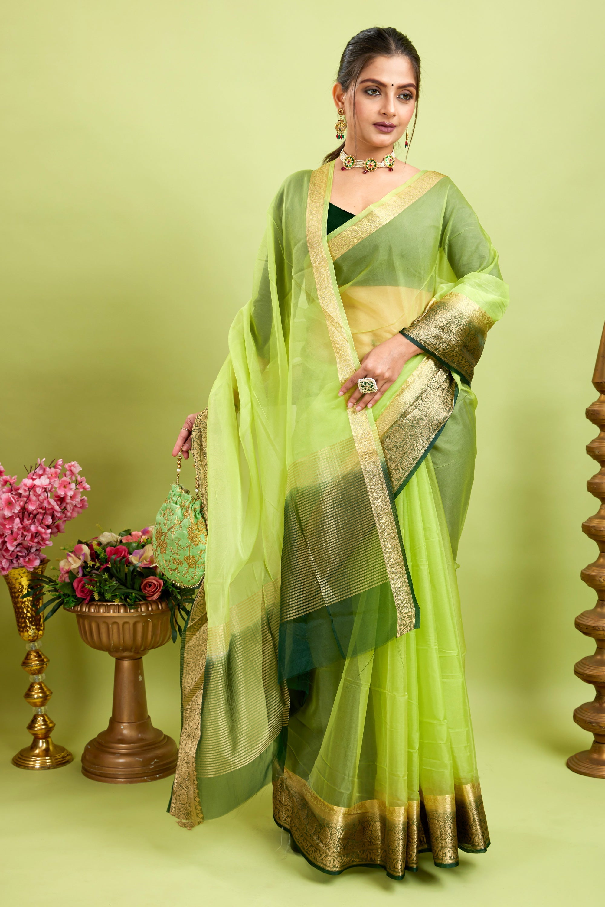 Green Woven Organza Soft Jacquard Saree