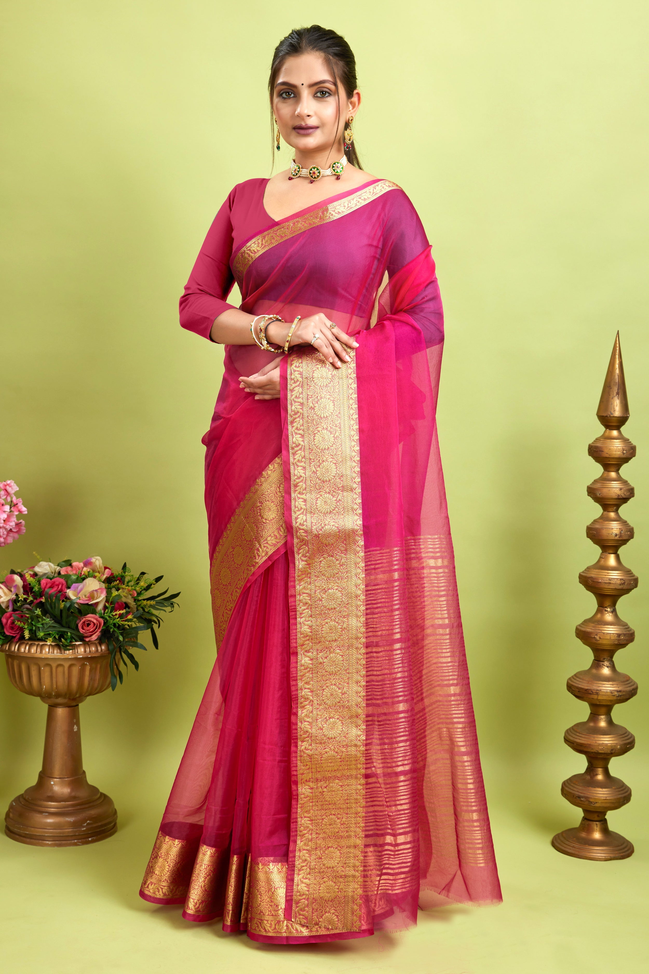 Dark Pink Woven Organza Soft Jacquard Saree