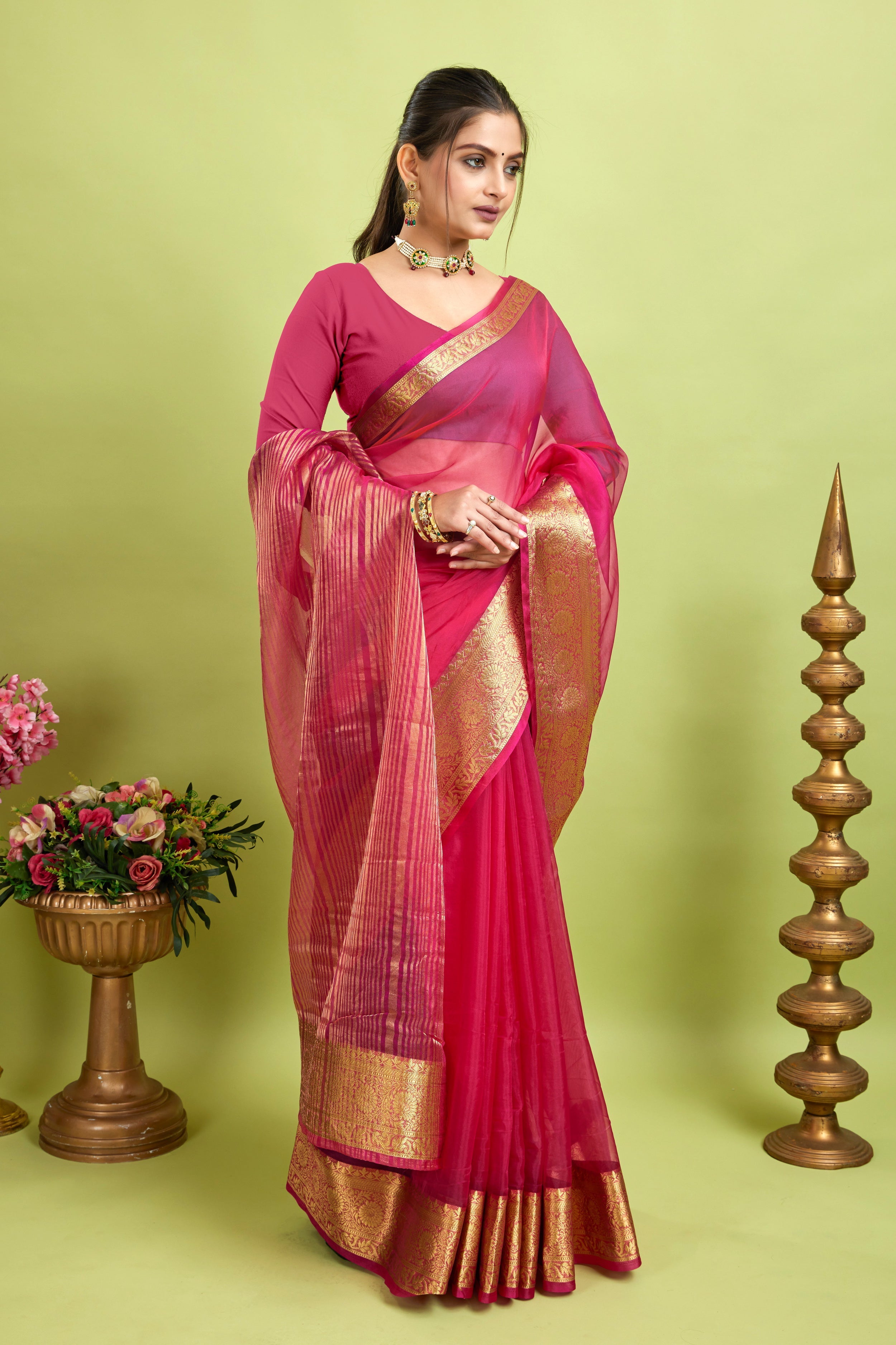 Dark Pink Woven Organza Soft Jacquard Saree