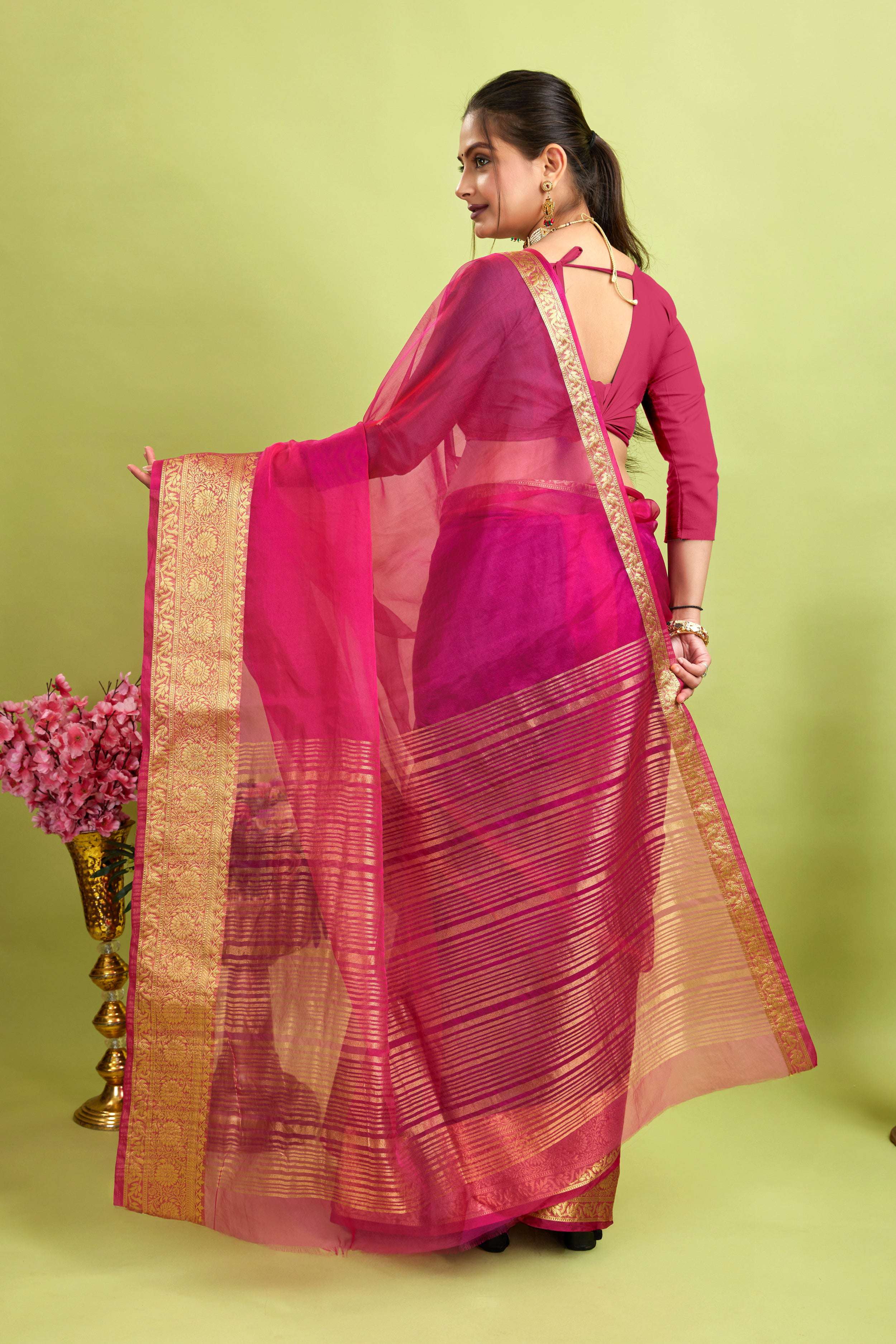 Dark Pink Woven Organza Soft Jacquard Saree