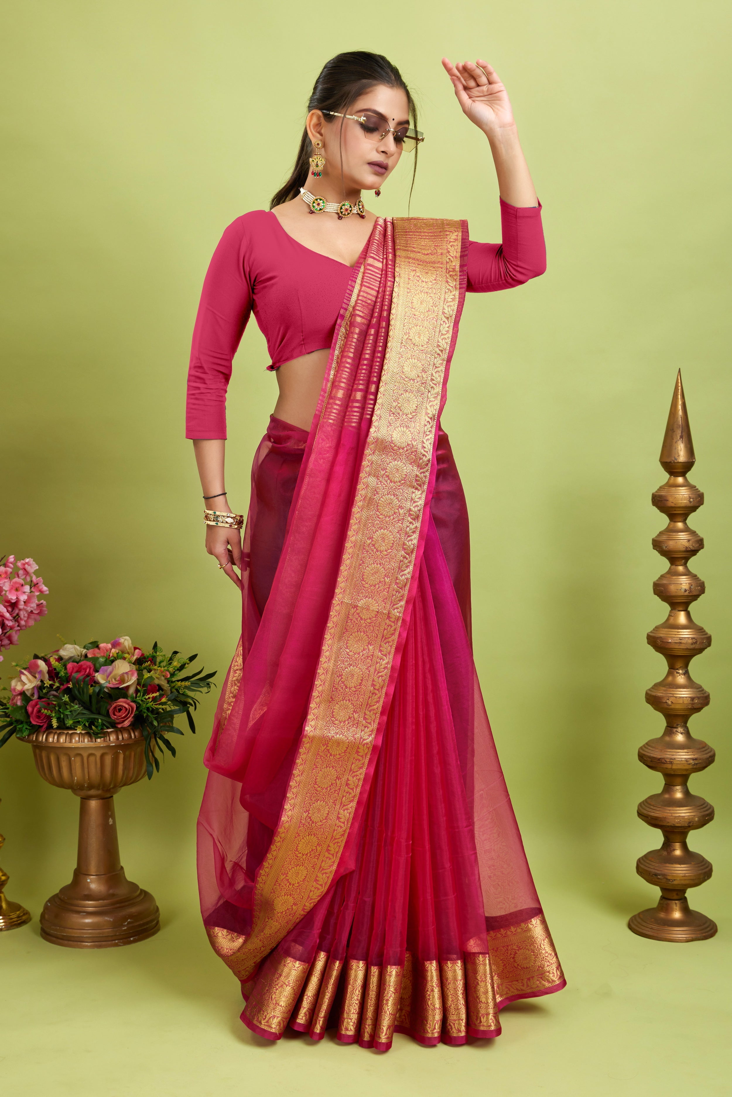 Dark Pink Woven Organza Soft Jacquard Saree