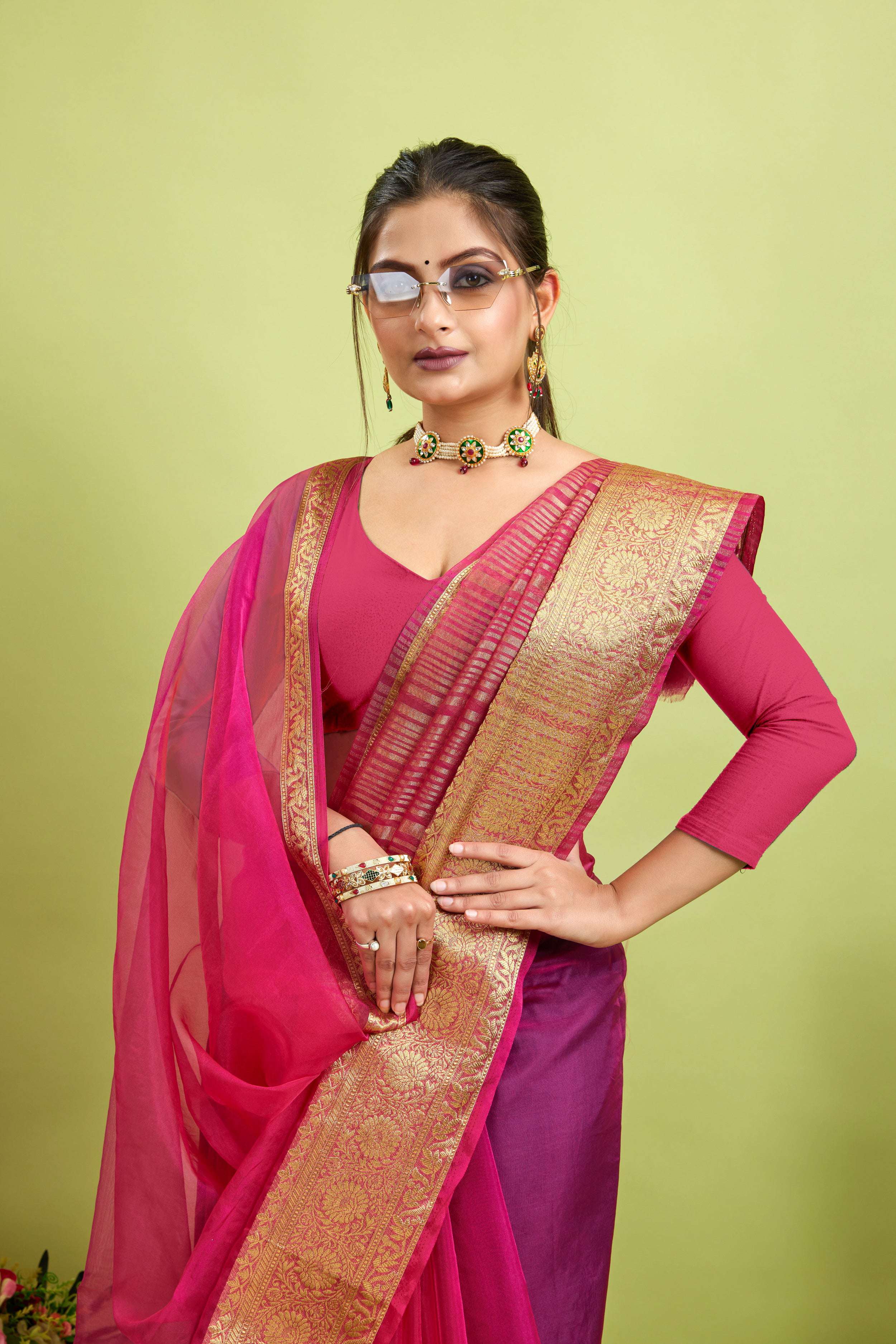 Dark Pink Woven Organza Soft Jacquard Saree