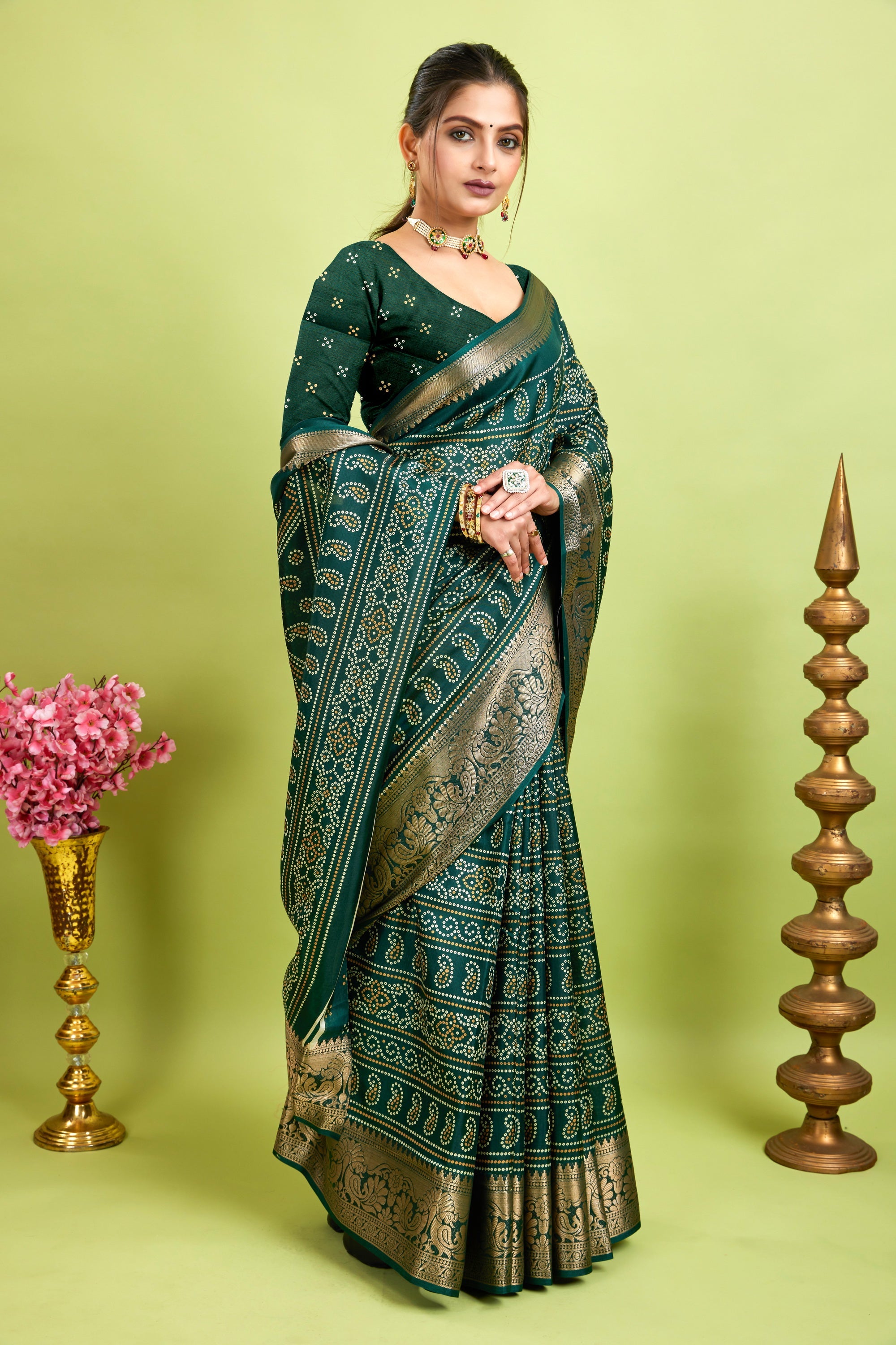 Green Bandhani Print Soft Dola Cotton Kanjivaram Saree