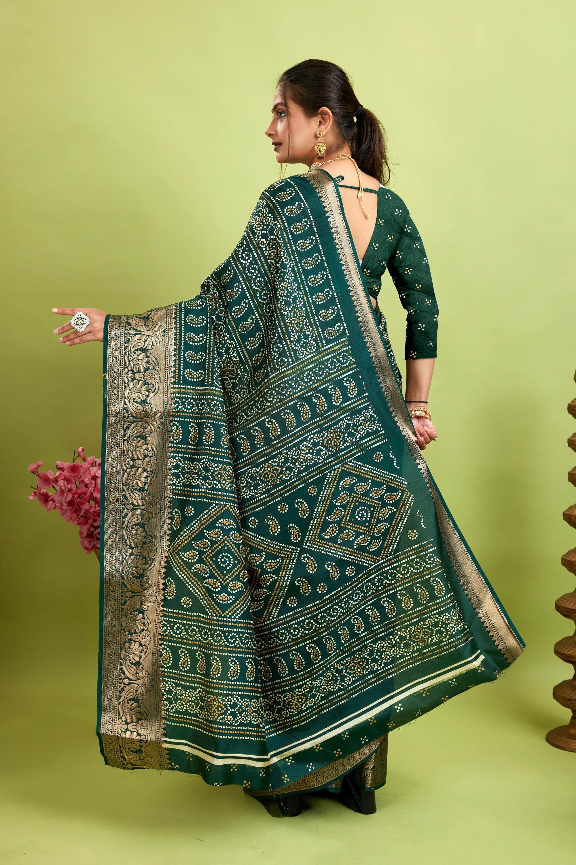 Green Bandhani Print Soft Dola Cotton Kanjivaram Saree