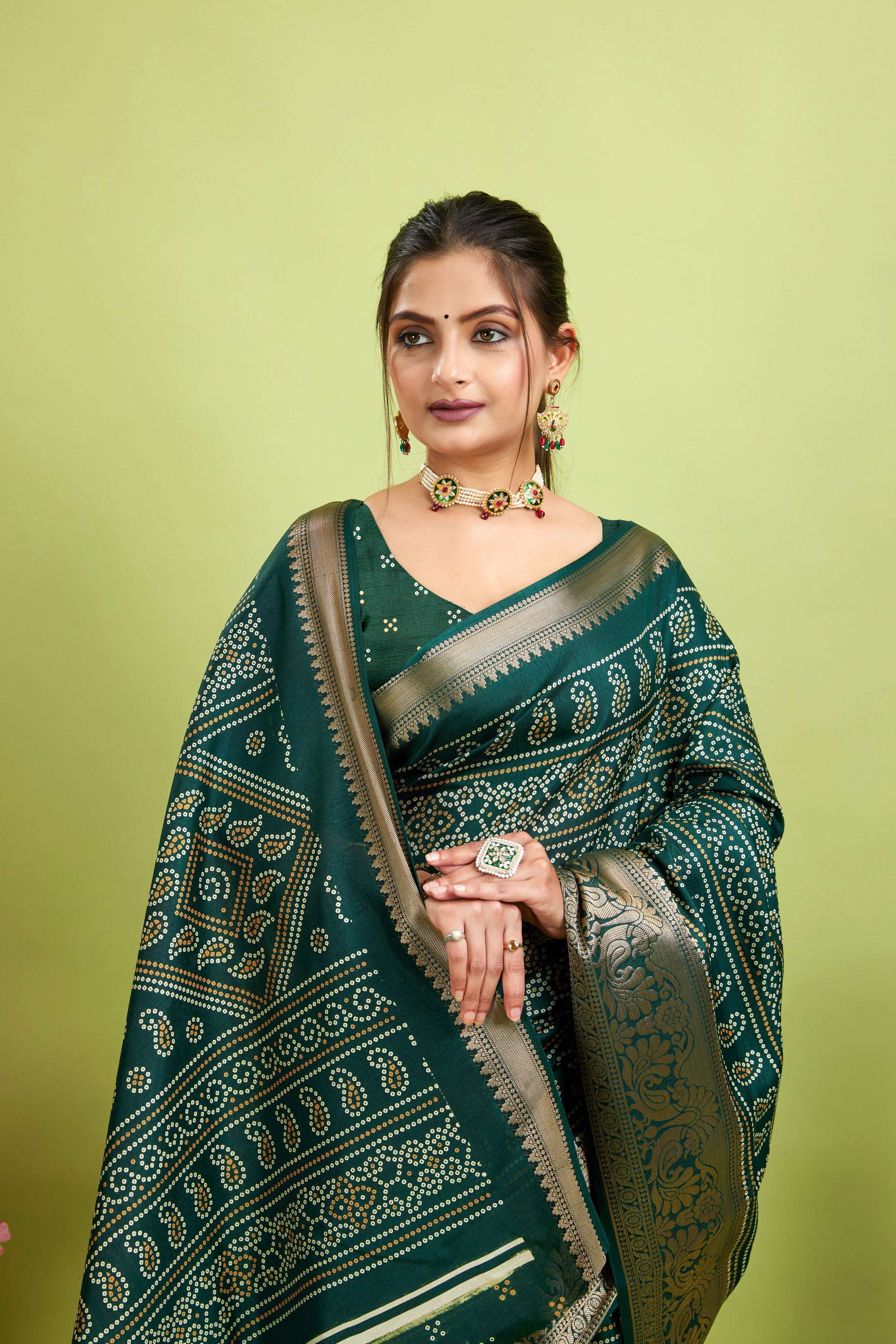Green Bandhani Print Soft Dola Cotton Kanjivaram Saree
