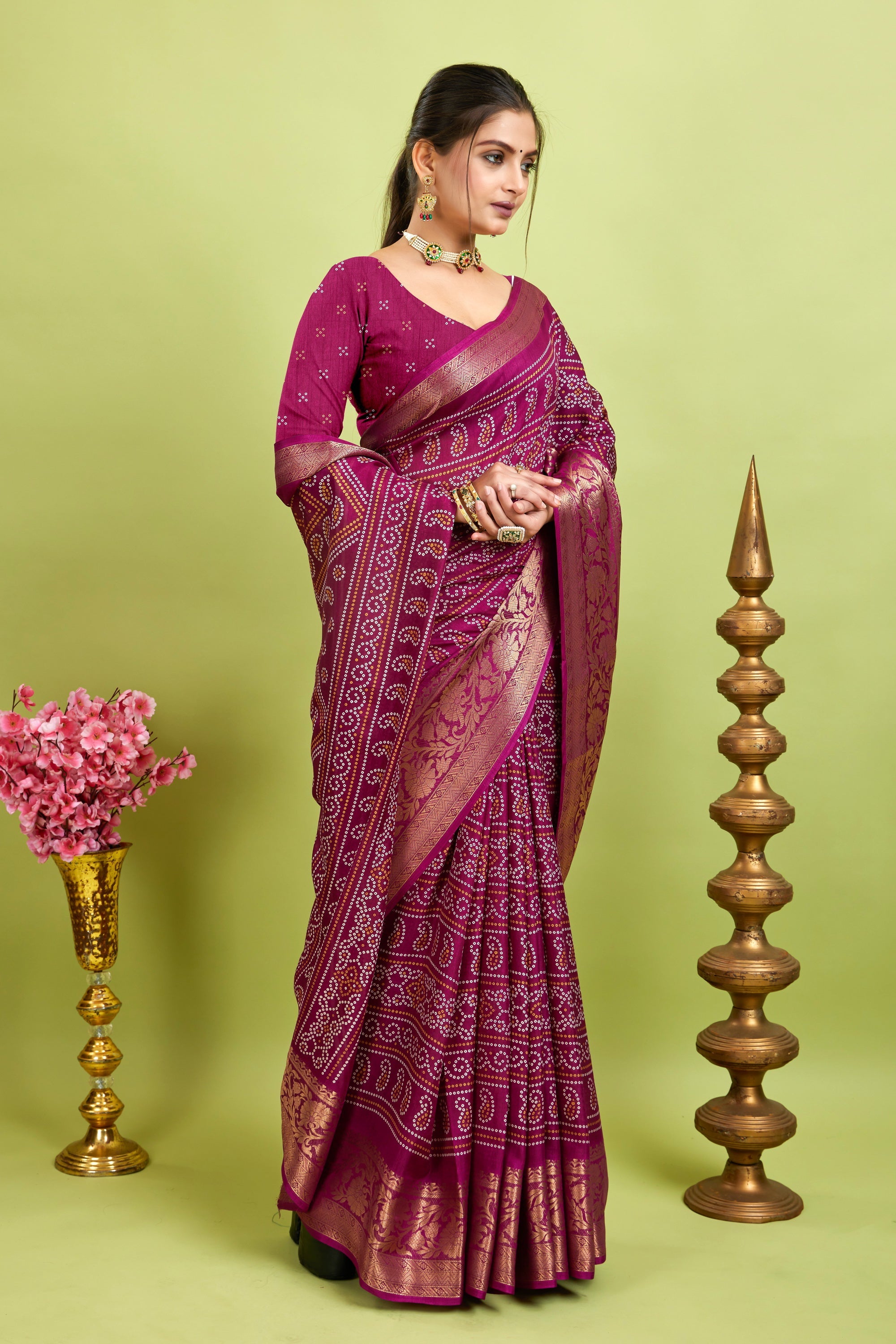 Purple Bandhani Print Soft Dola Cotton Kanjivaram Saree