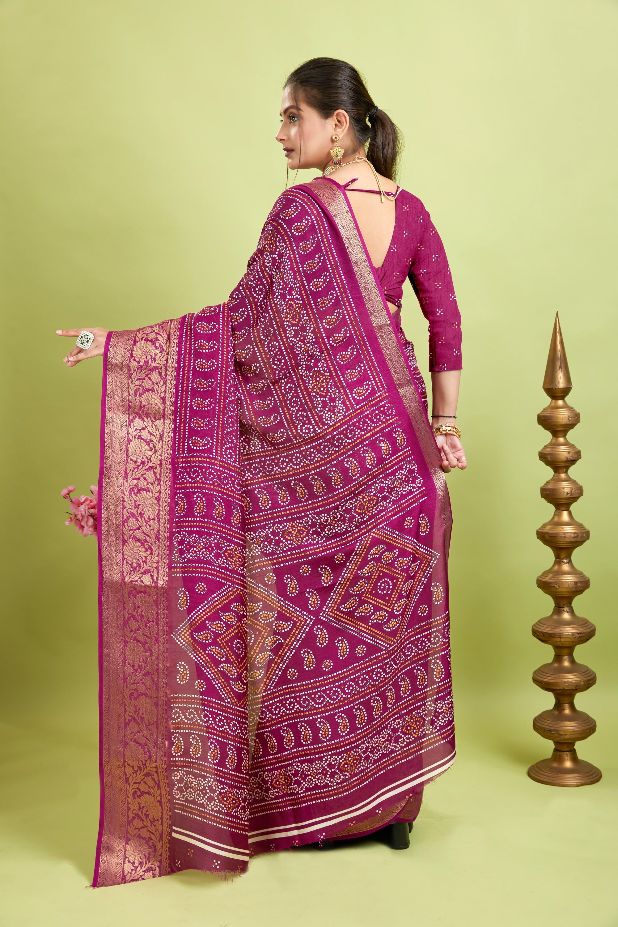 Purple Bandhani Print Soft Dola Cotton Kanjivaram Saree