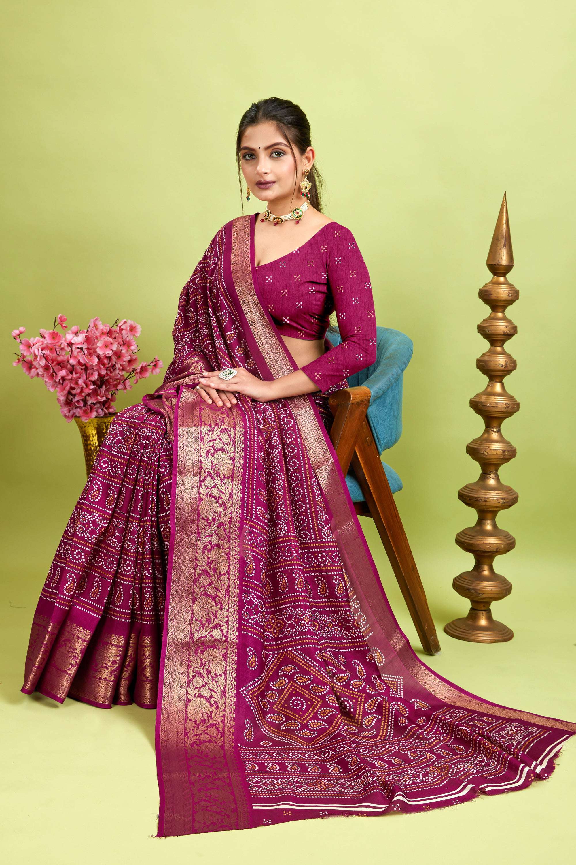 Purple Bandhani Print Soft Dola Cotton Kanjivaram Saree