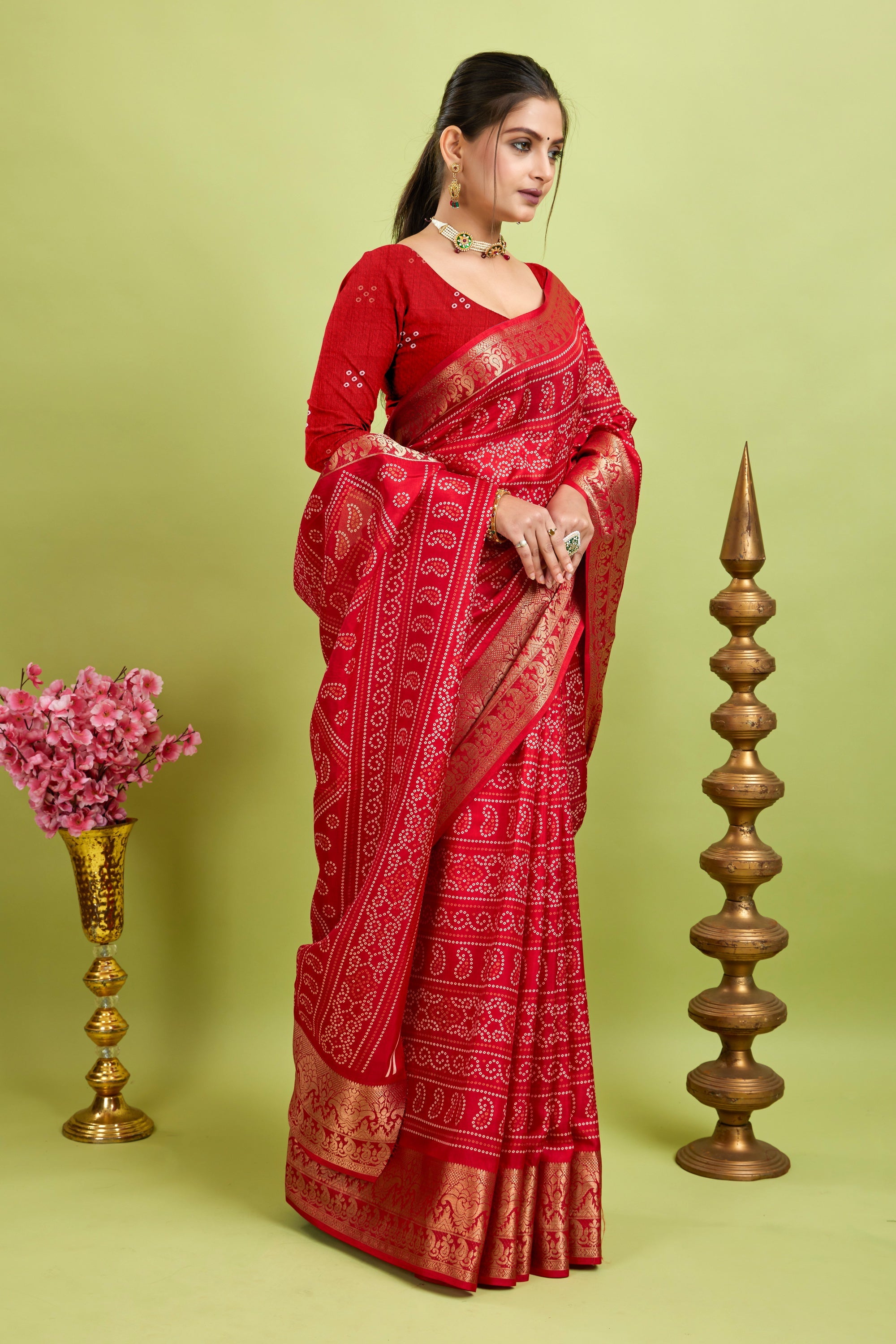 Red Bandhani Print Soft Dola Cotton Kanjivaram Saree