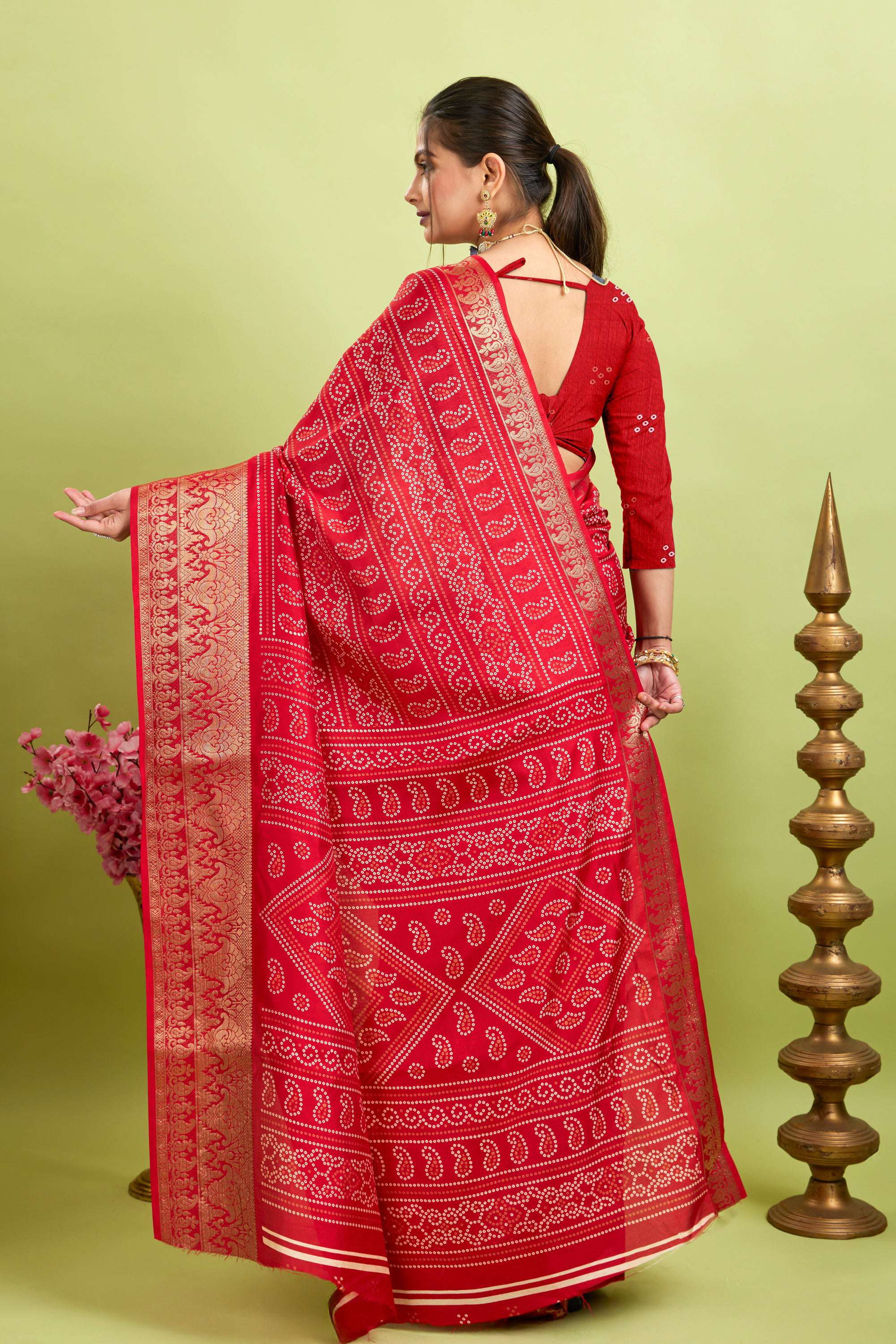 Red Bandhani Print Soft Dola Cotton Kanjivaram Saree