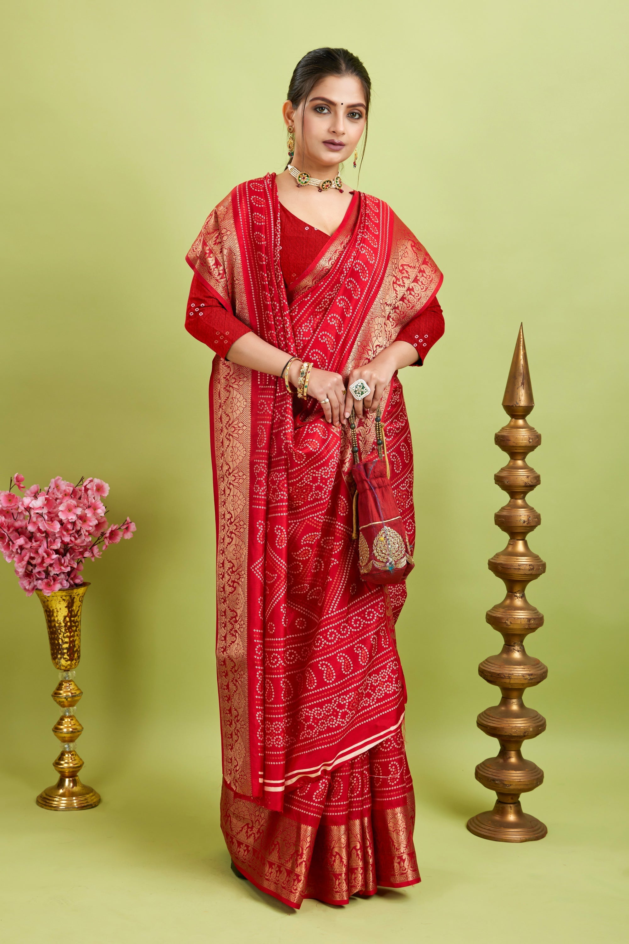 Red Bandhani Print Soft Dola Cotton Kanjivaram Saree