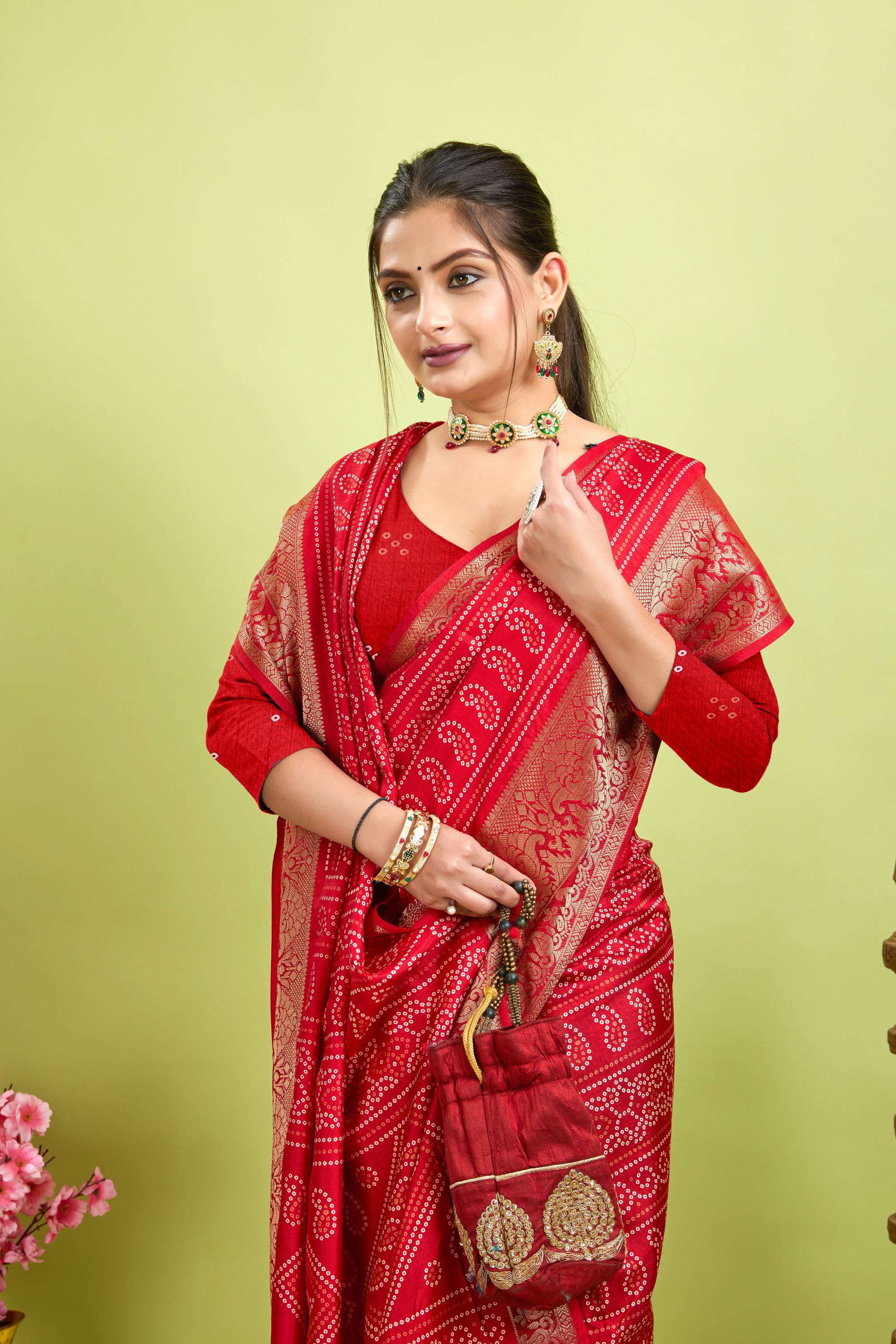 Red Bandhani Print Soft Dola Cotton Kanjivaram Saree