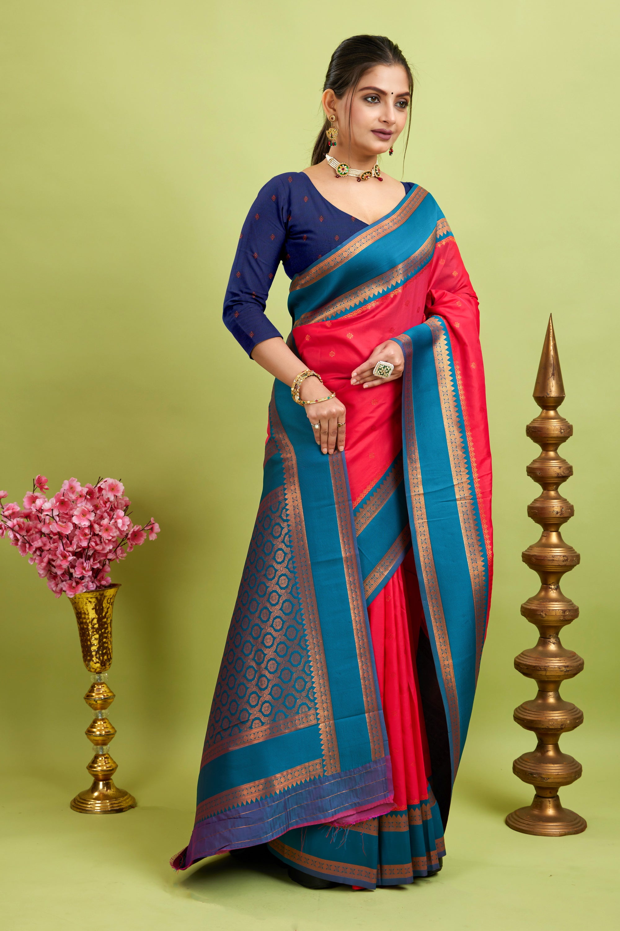 Red Narayan Border Silk Blend Saree