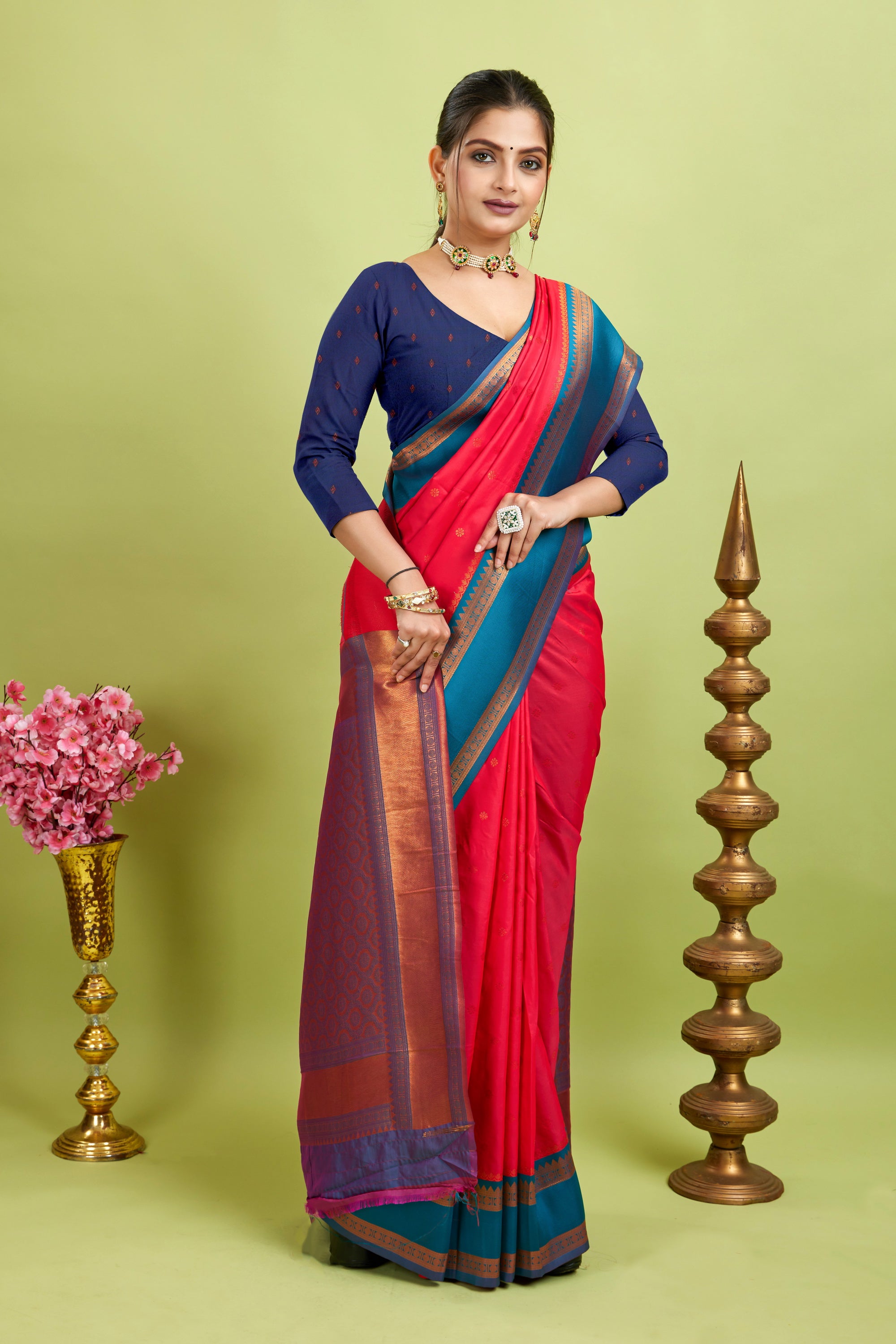 Red Narayan Border Silk Blend Saree