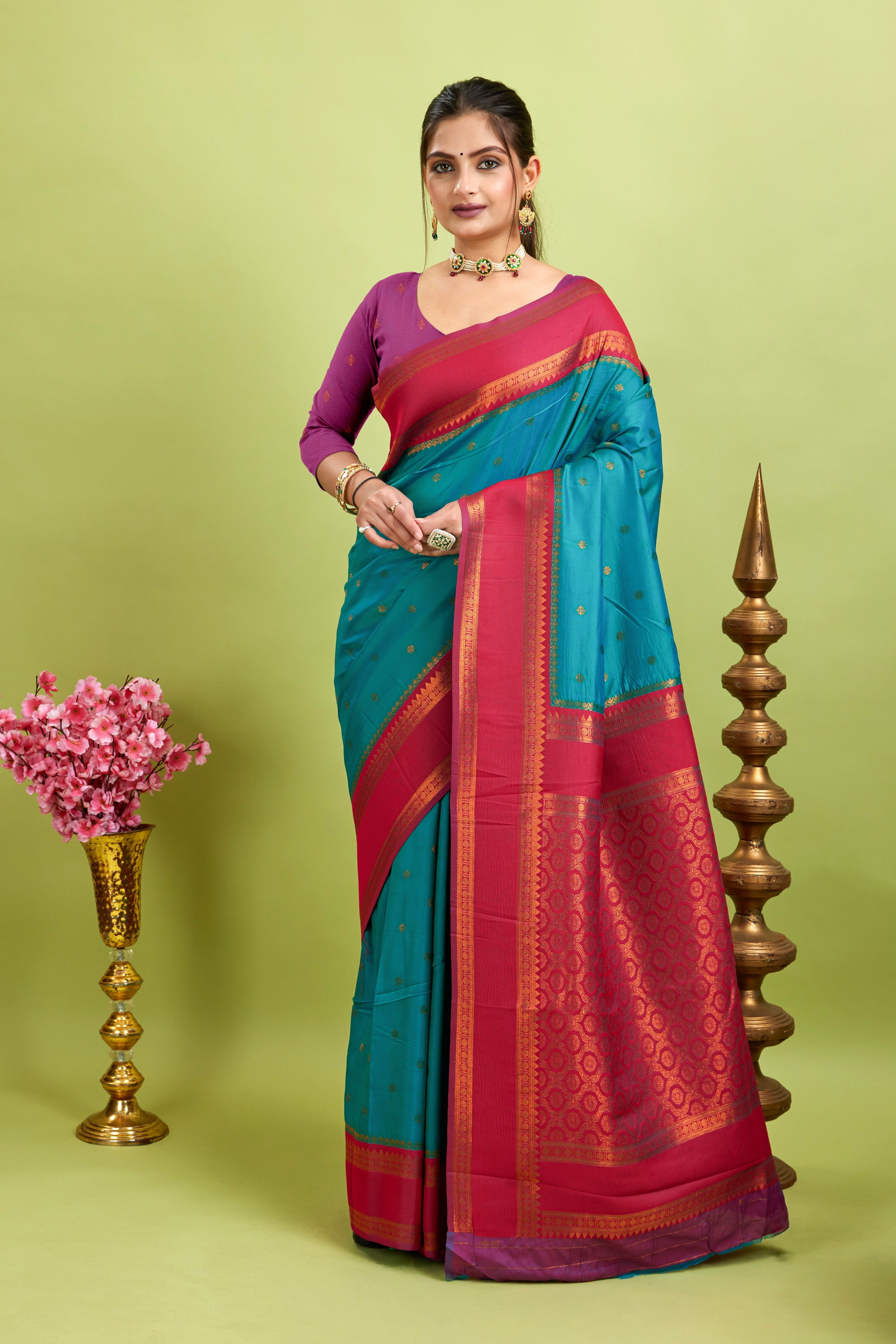 Mint Narayan Border Silk Blend Saree