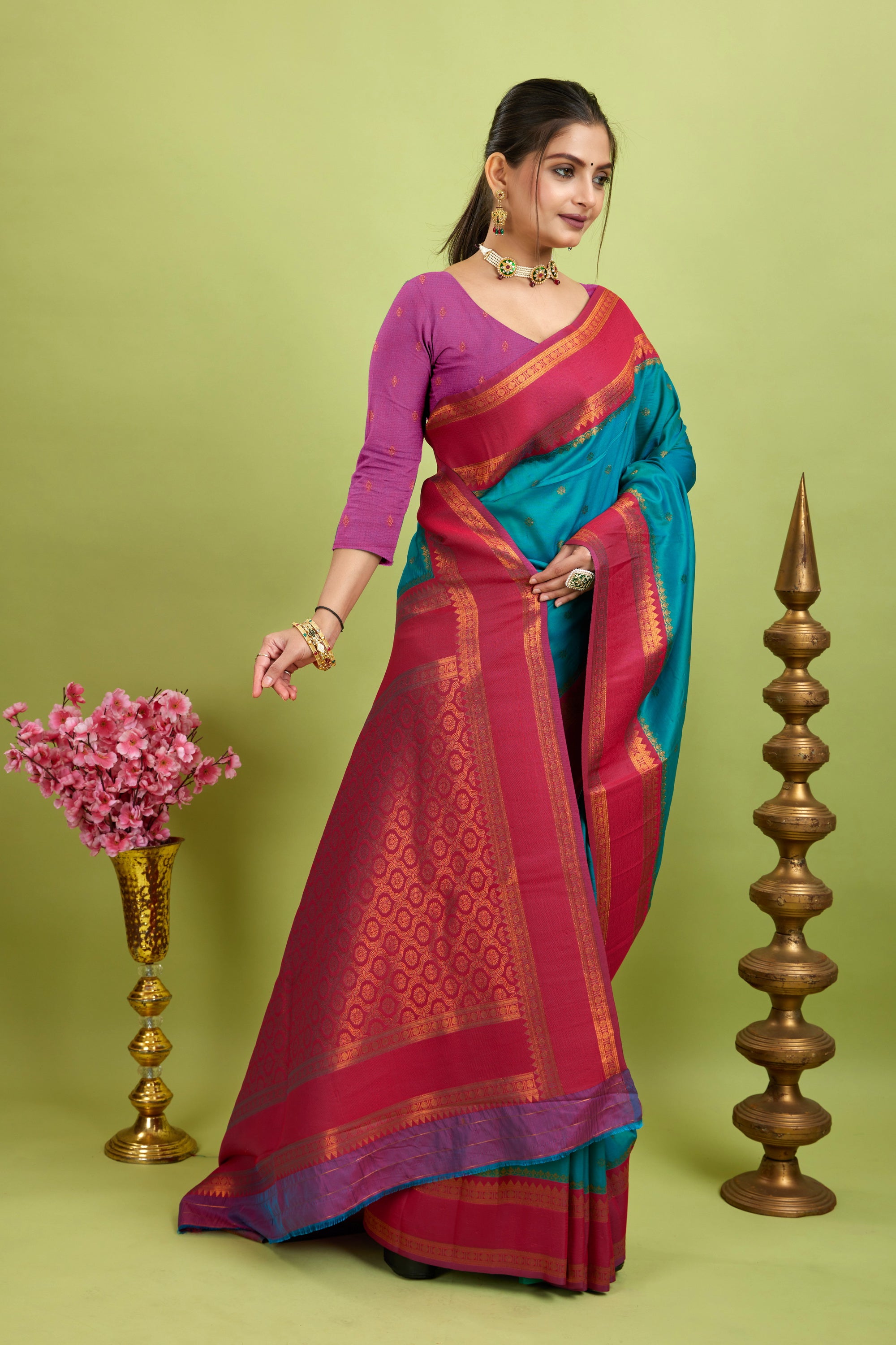Mint Narayan Border Silk Blend Saree
