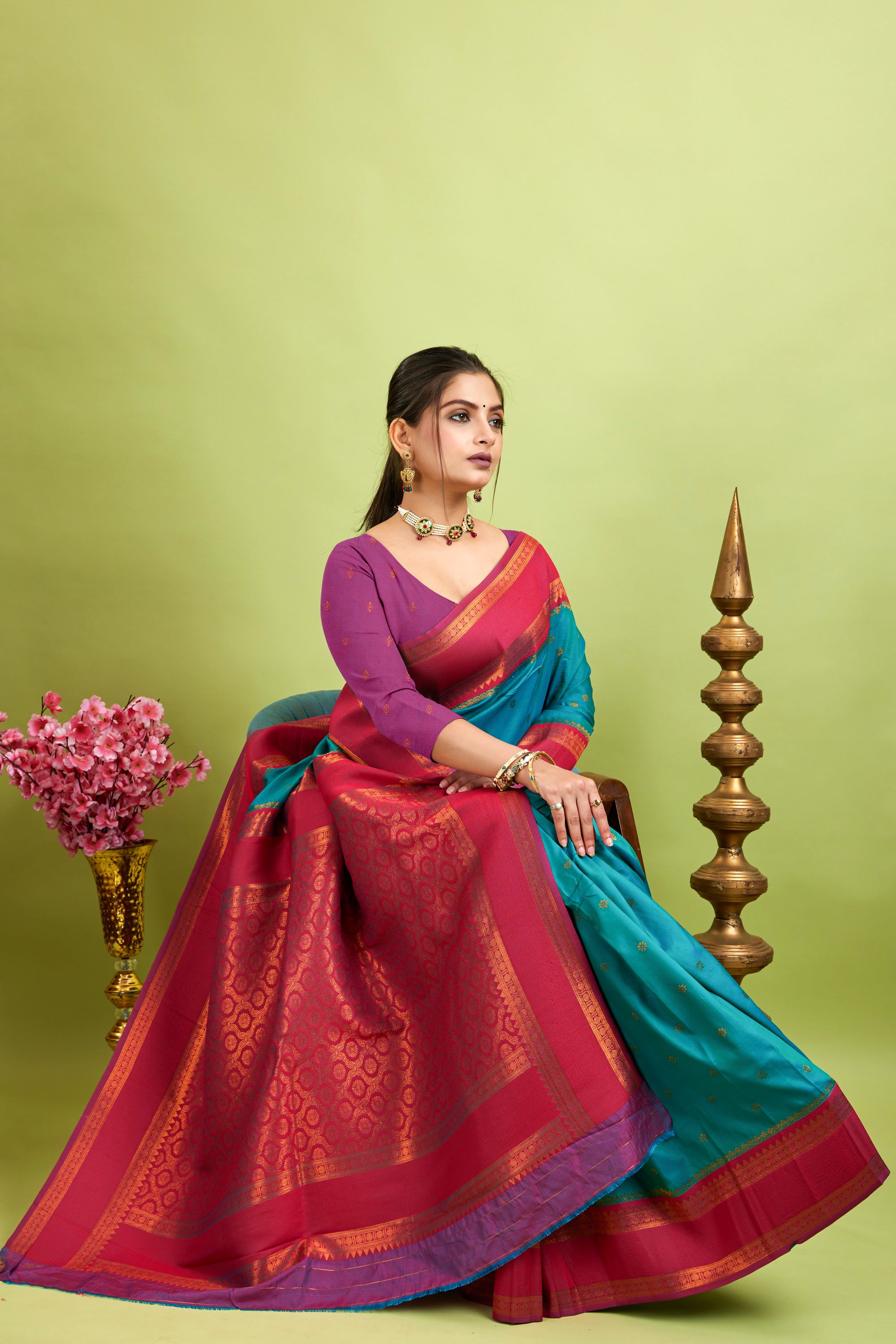 Mint Narayan Border Silk Blend Saree