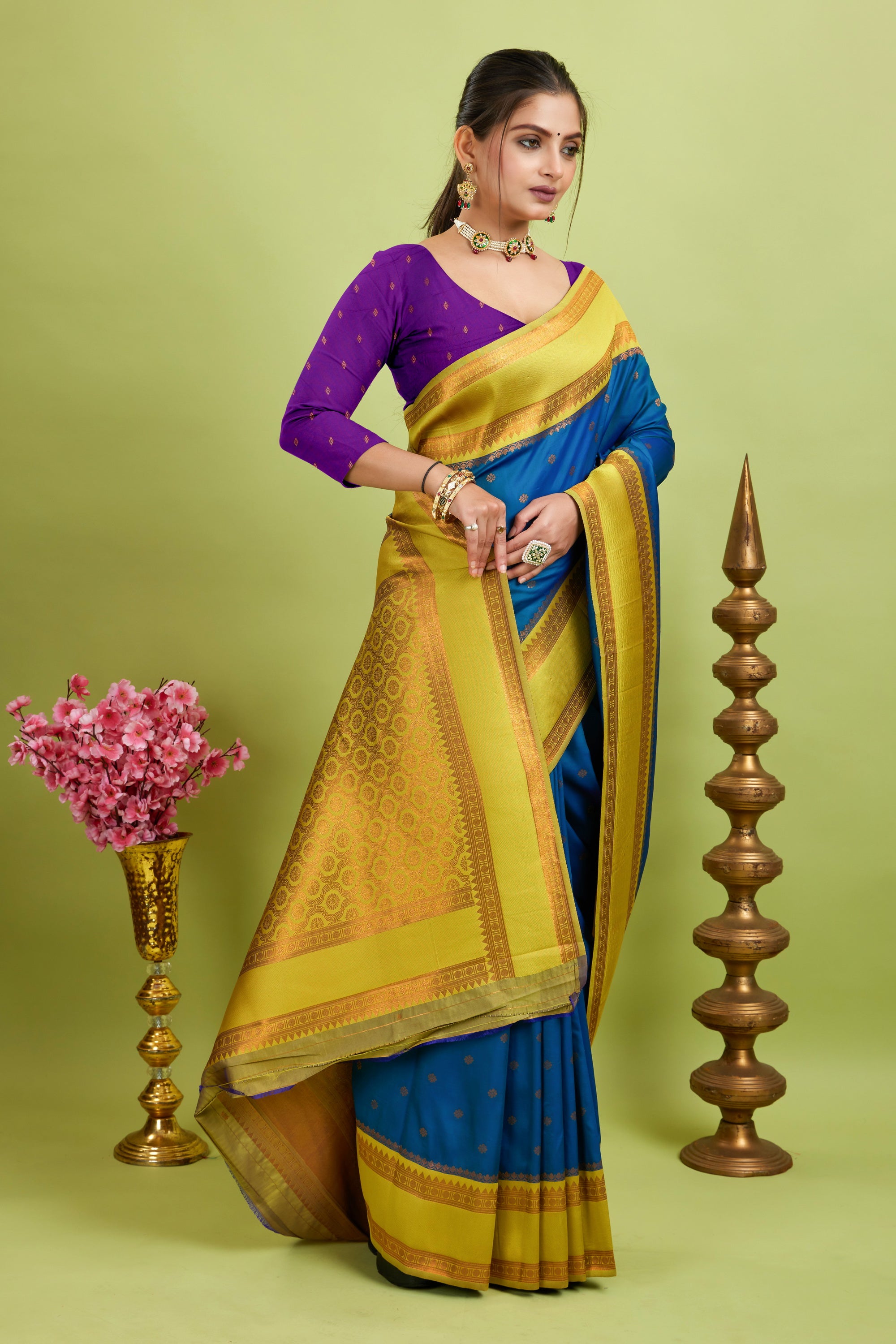 Blue Narayan Border Silk Blend Saree