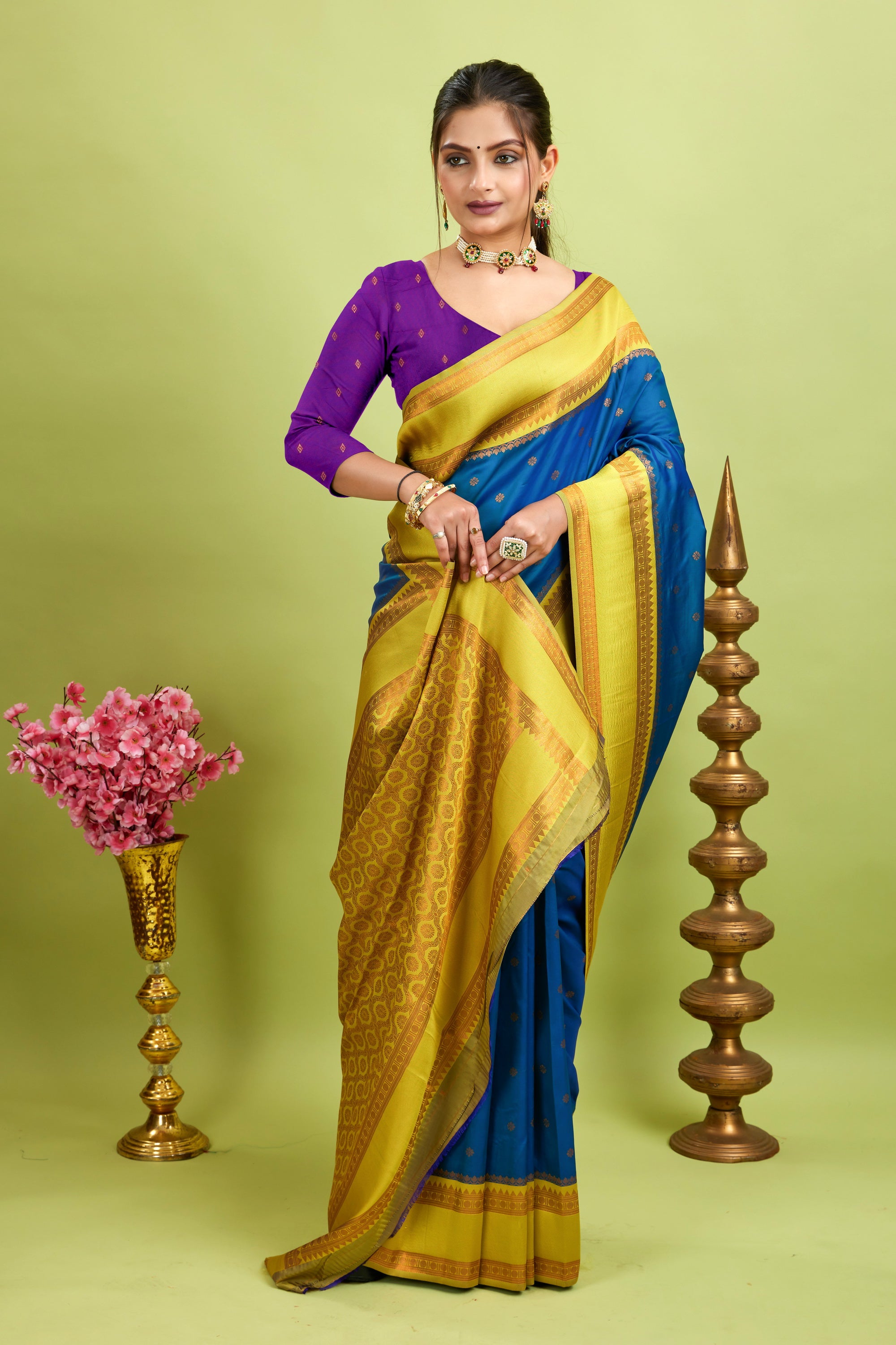 Blue Narayan Border Silk Blend Saree