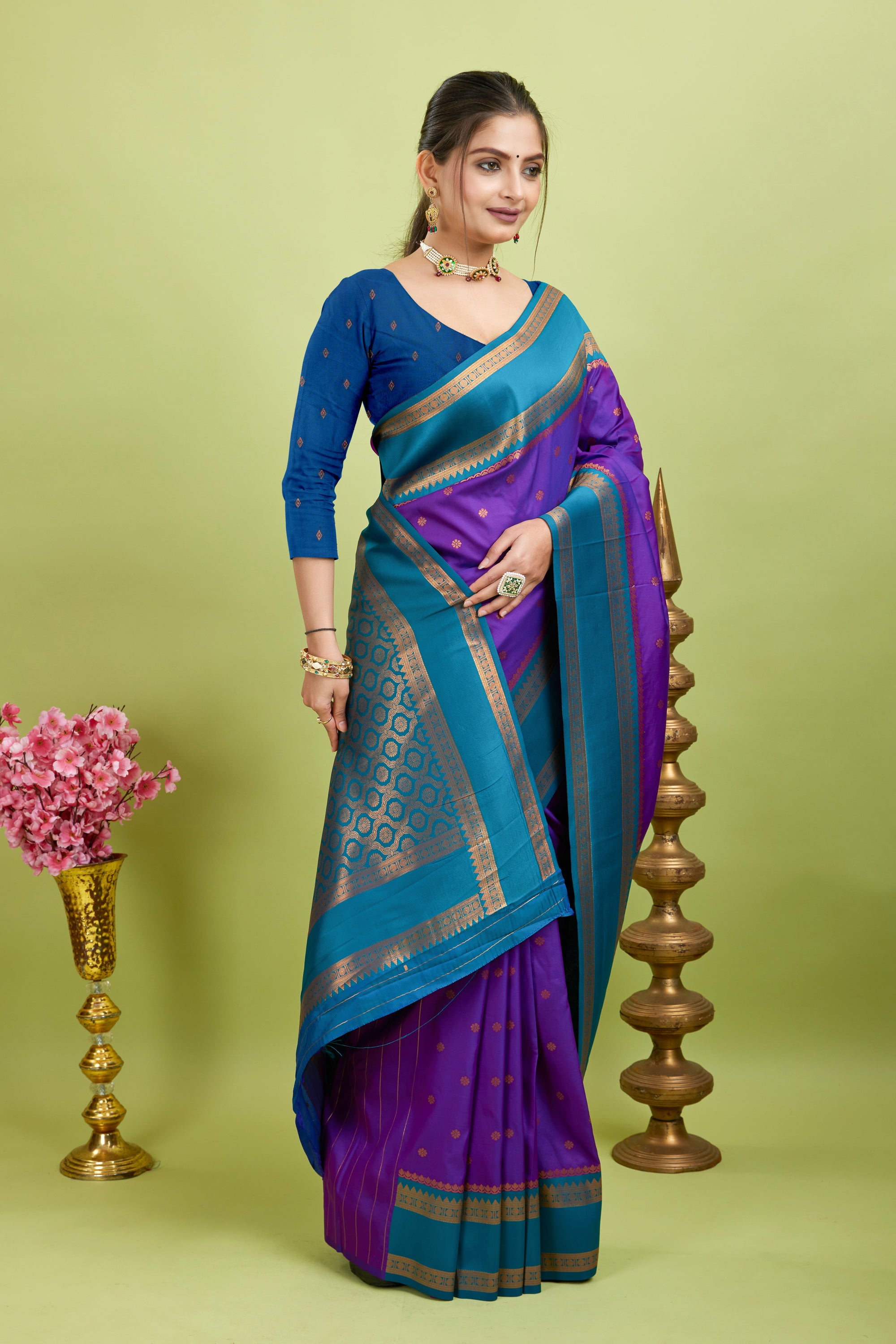 Purple Narayan Border Silk Blend Saree