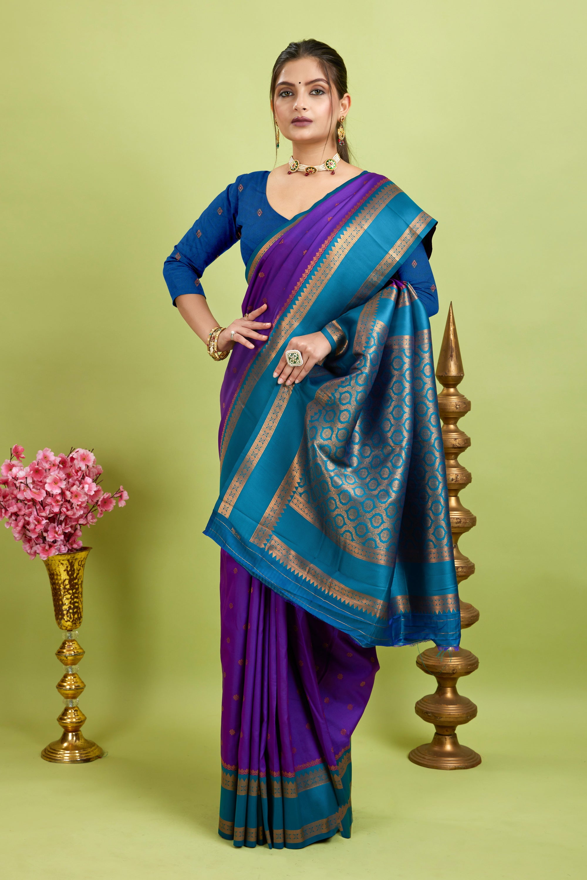 Purple Narayan Border Silk Blend Saree