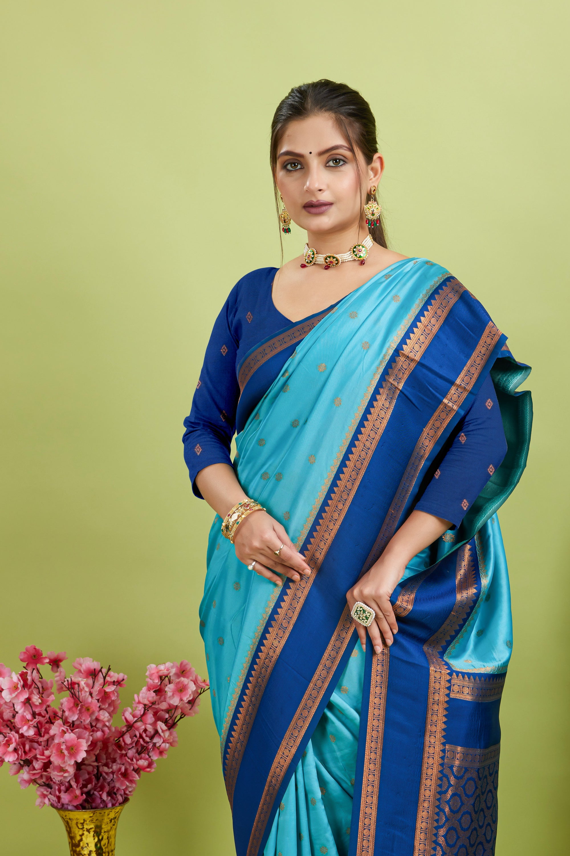 Light Blue Narayan Border Silk Blend Saree