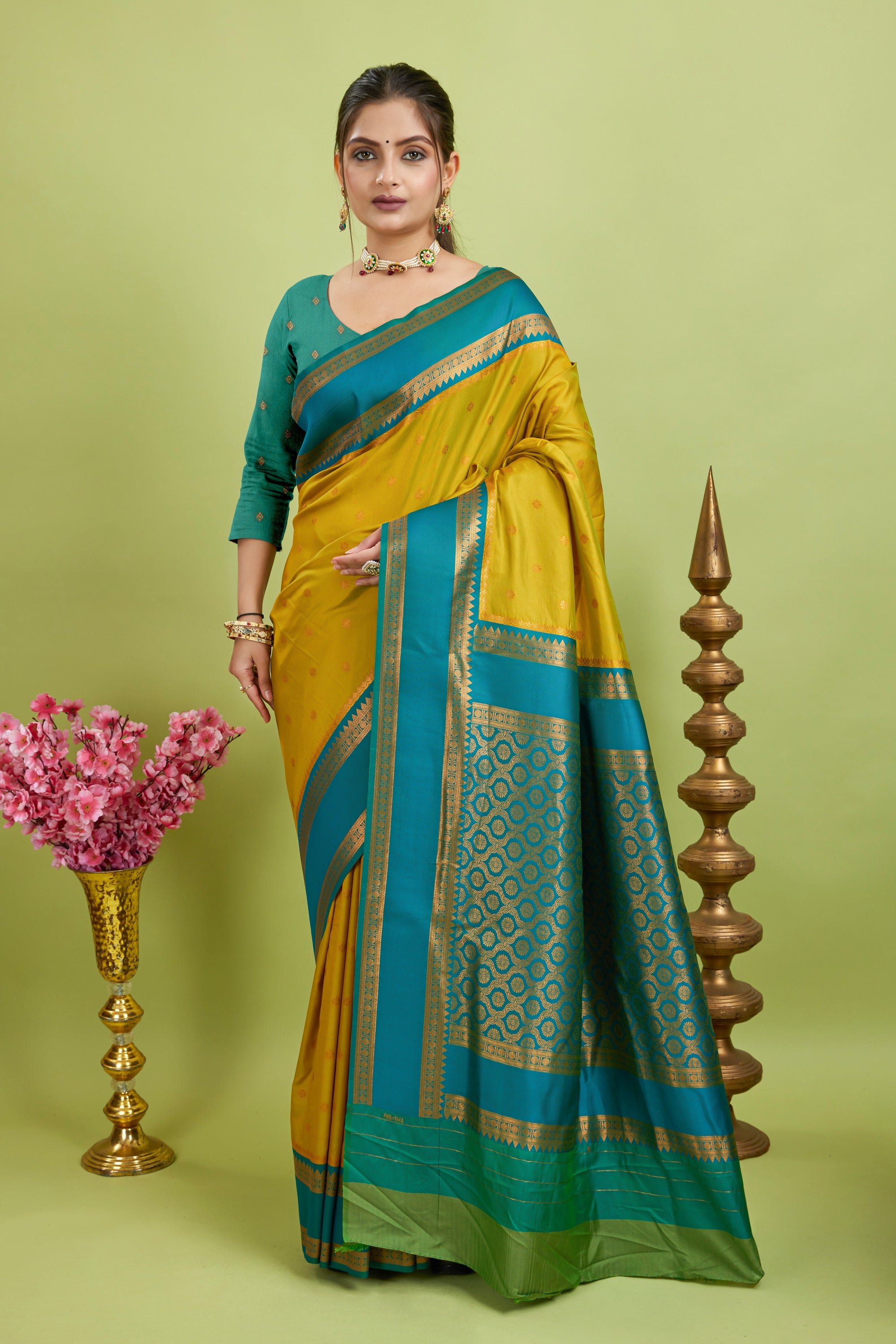 Yellow Narayan Border Silk Blend Saree