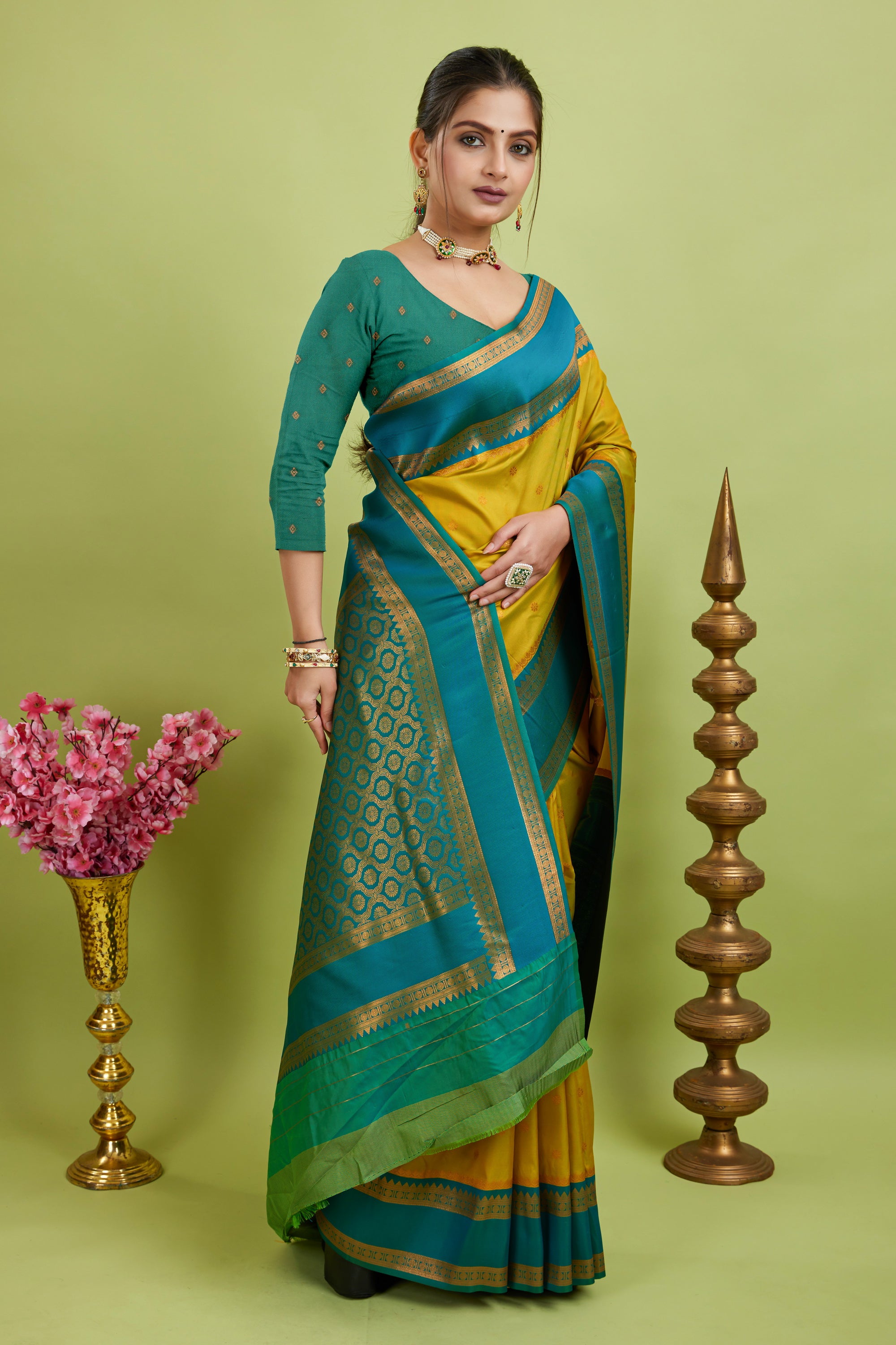 Yellow Narayan Border Silk Blend Saree
