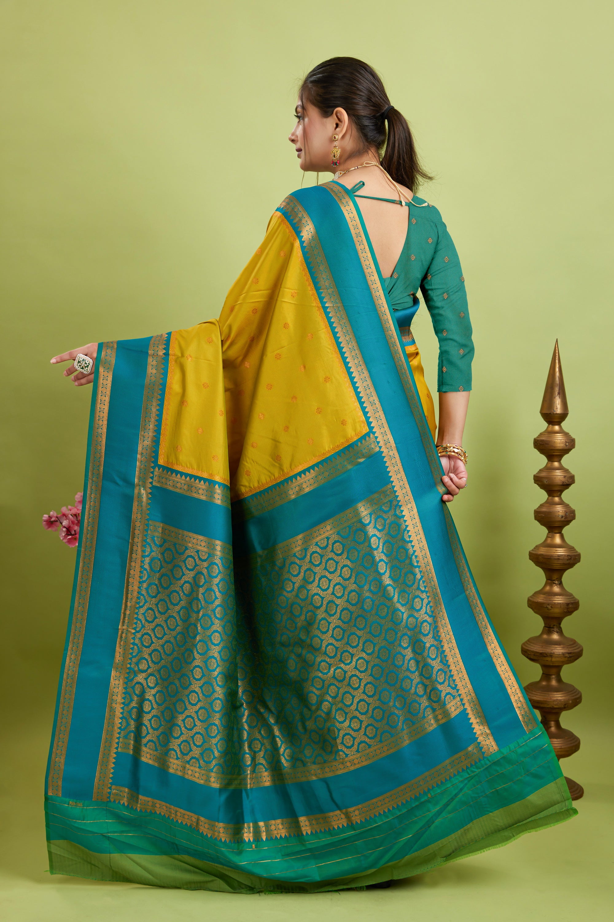 Yellow Narayan Border Silk Blend Saree