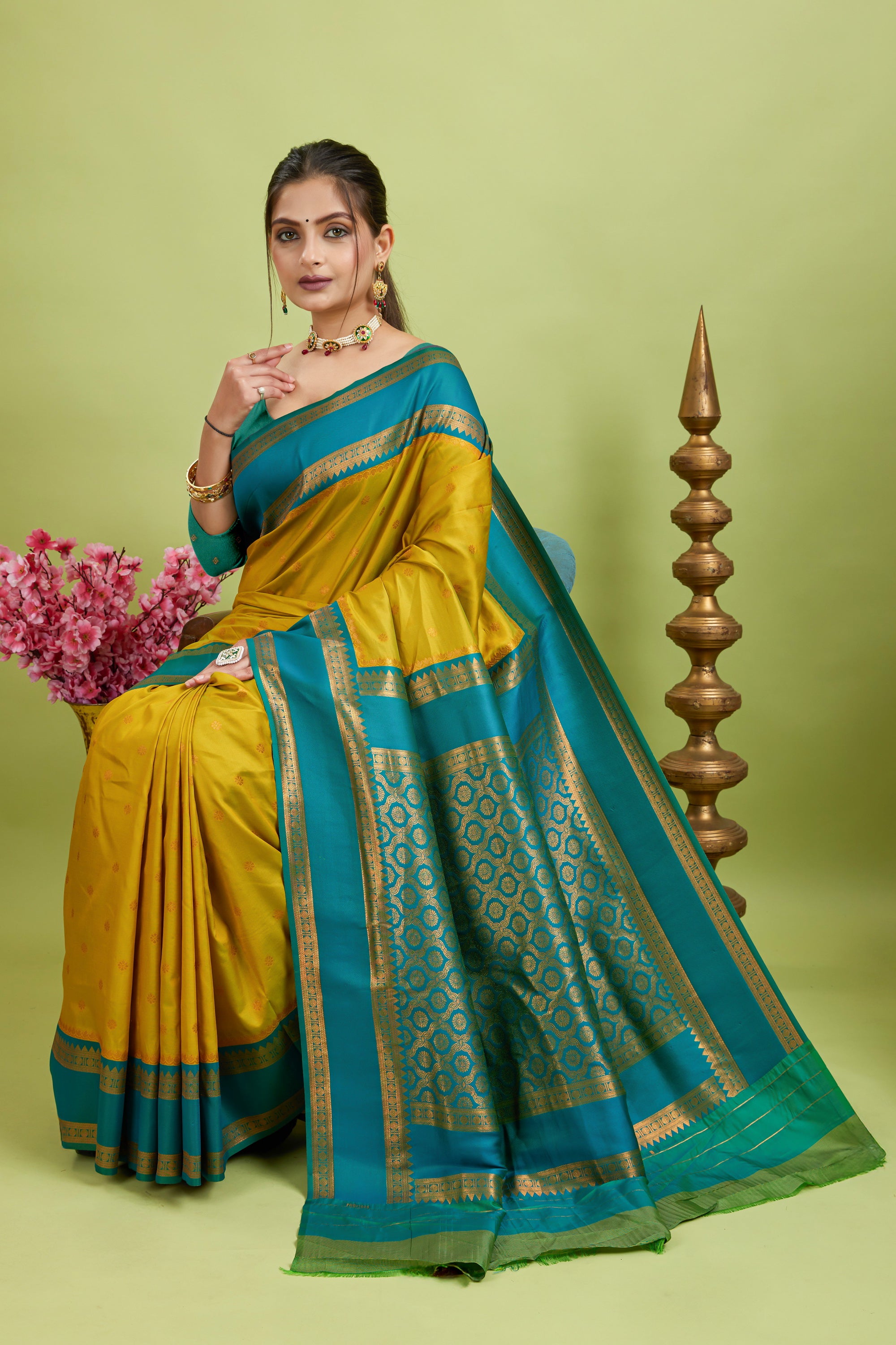 Yellow Narayan Border Silk Blend Saree
